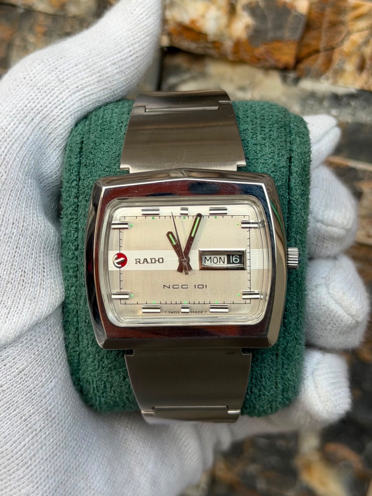 vintage Rado NCC 101 automatic watch featuring a silver TV-shaped case