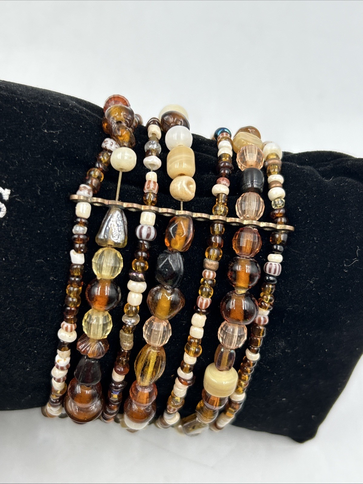 brass & brown seed bead pebble chip memory Stretch cuff bracelet 1.75″ wide