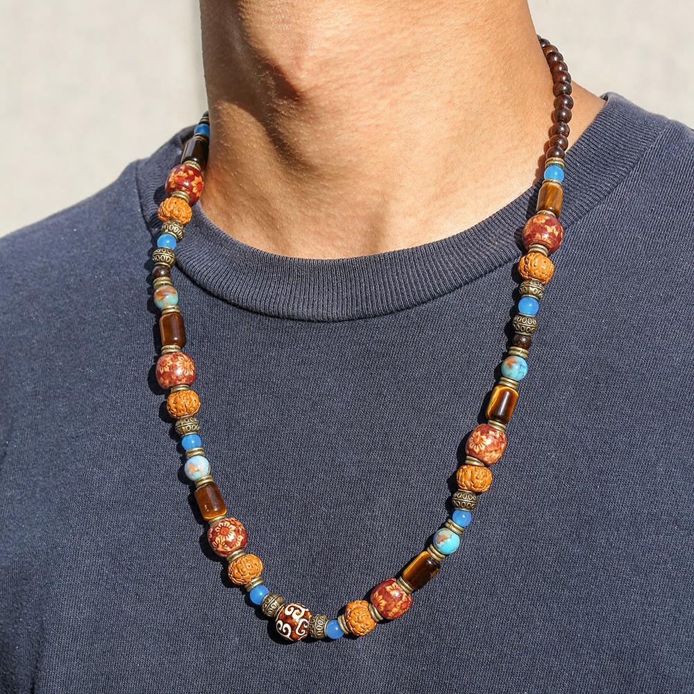 Mens Tigers Eye Multi Stone Walnut Bead Necklace Boho Statement Necklace Choker