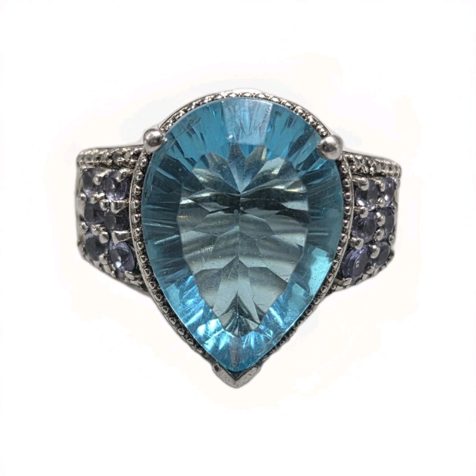 Vintage 925 Sterling Silver Statement Ring w/ Large Blue Topaz Sz 9 Cocktail