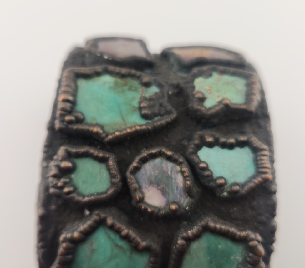 Vintage BELL TRADING Copper Cuff Bracelet USA Pre 1960s 10 Turquoise pieces