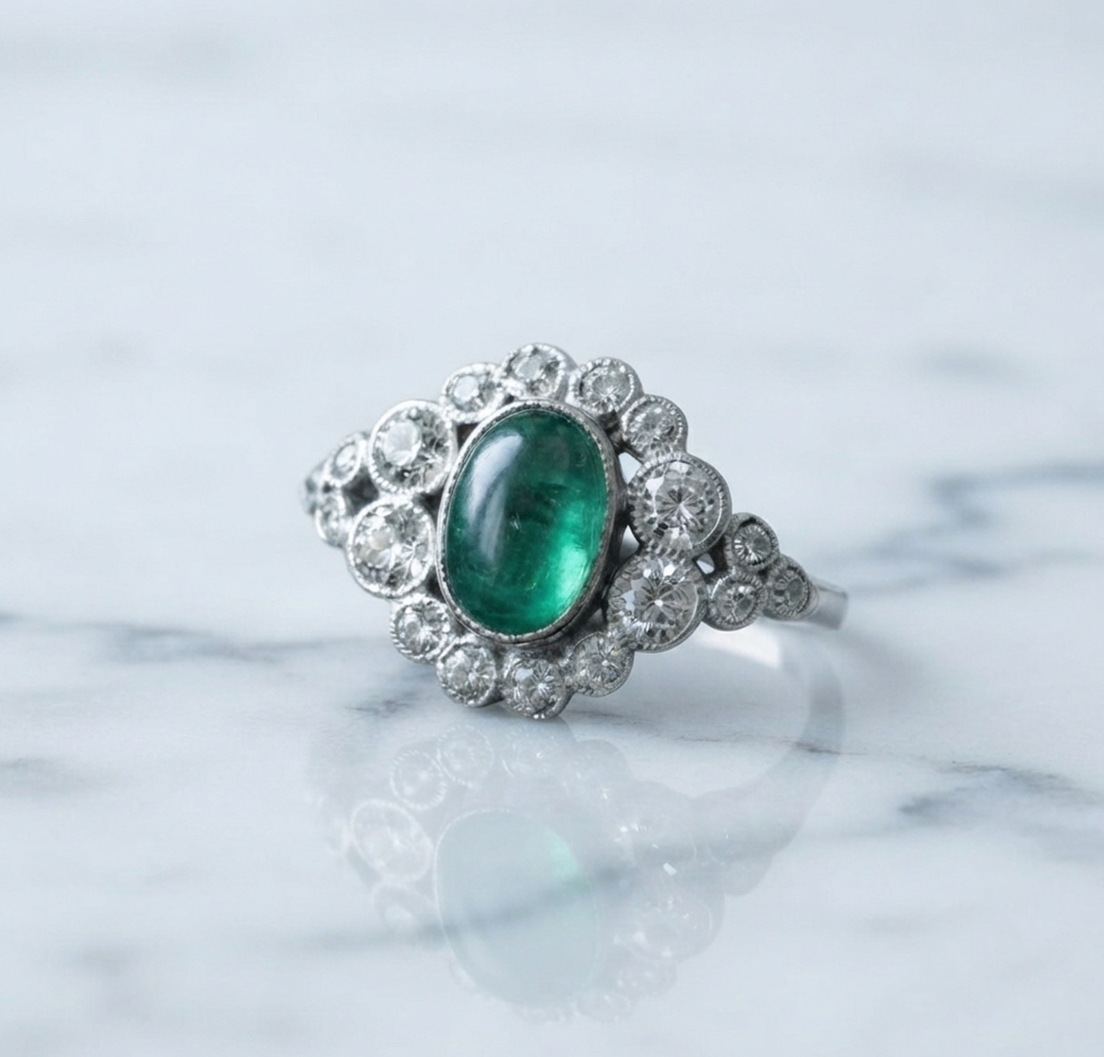 Green Cabochon Simulated Diamond 14K White Gold Art Deco Retro Halo Wedding Ring