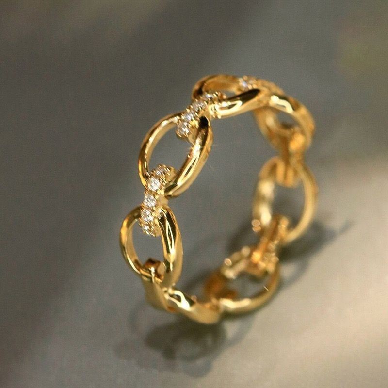 ins Fashion Woman 18k Gold Plated Sparkling CZ Chain Shape Band Ring Sizes 6-10