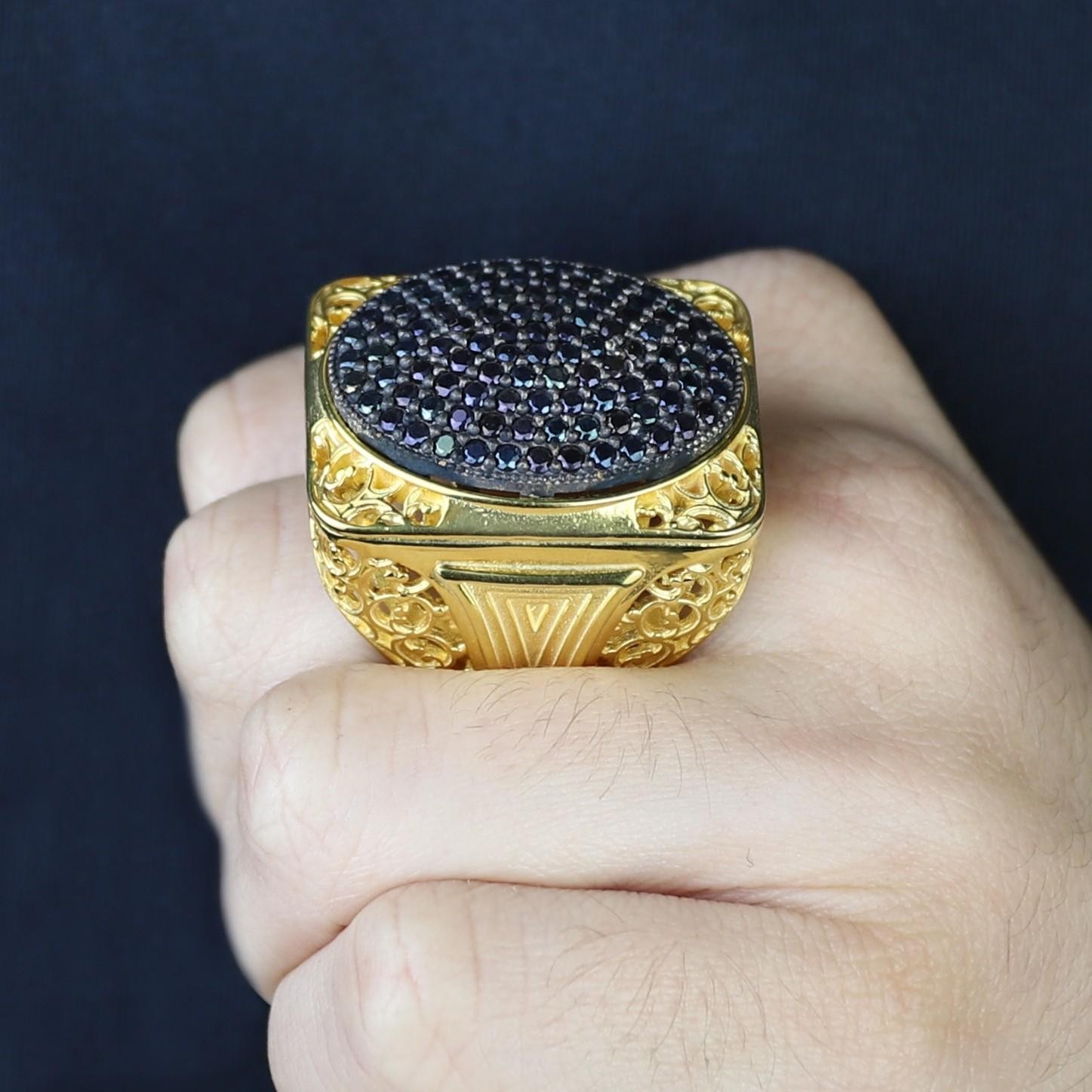 925 Men Silver Gold Black Onyx Handmade Big Ring Men Sterling Silver Ring