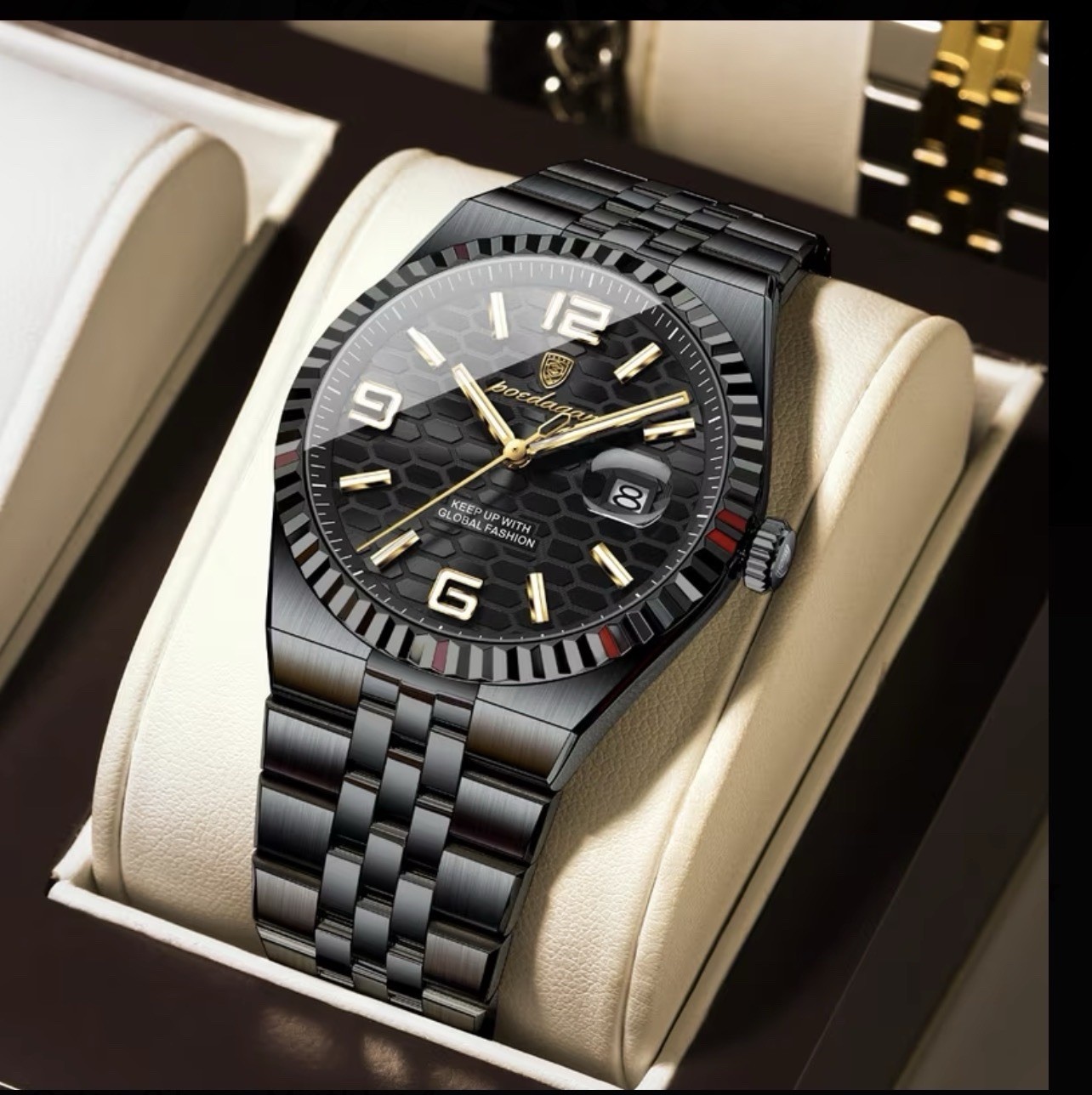 POEDAGAR Men’s Analog Quartz Watch 41mm SS Bracelet 3ATM Luminous Honeycomb