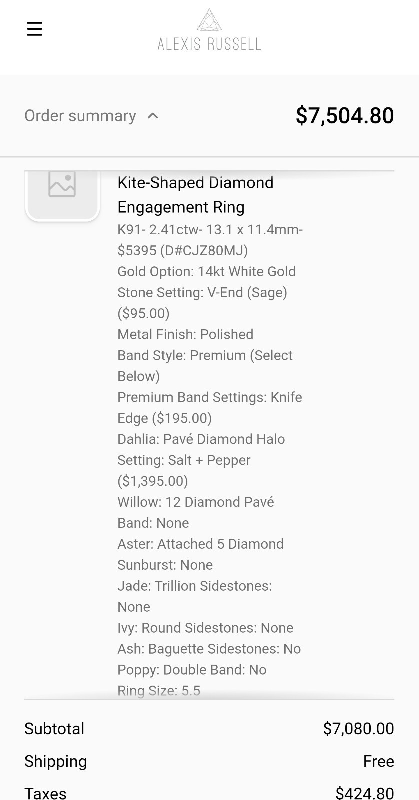 2.41 CTW Center Stone Kite Diamond Alexis Russell Engagement Ring size 5.5 14kt
