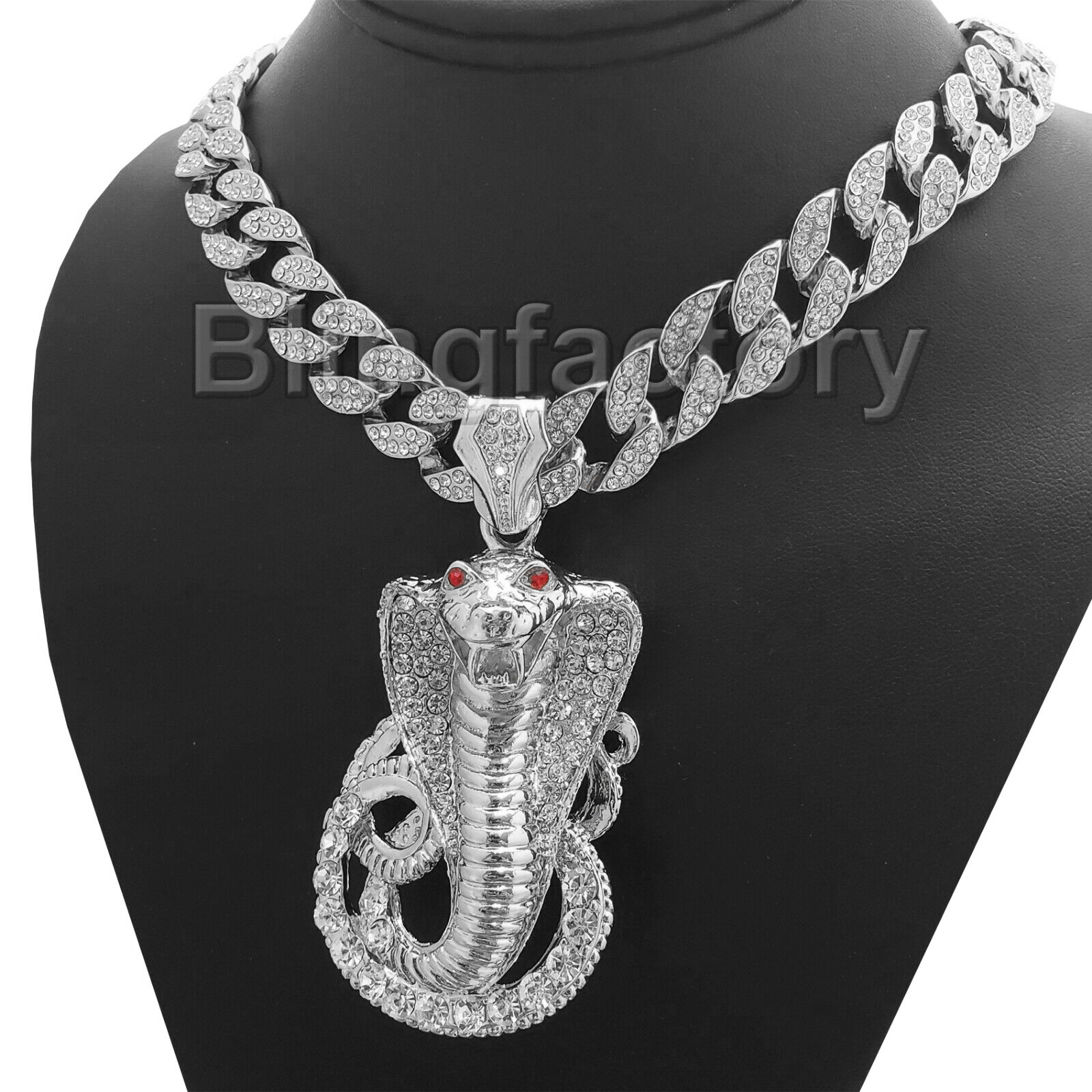 Silver PT Iced Cobra Snake Pendant & 16″ 18″ 20″ 24″ Iced Cuban Chain Necklace