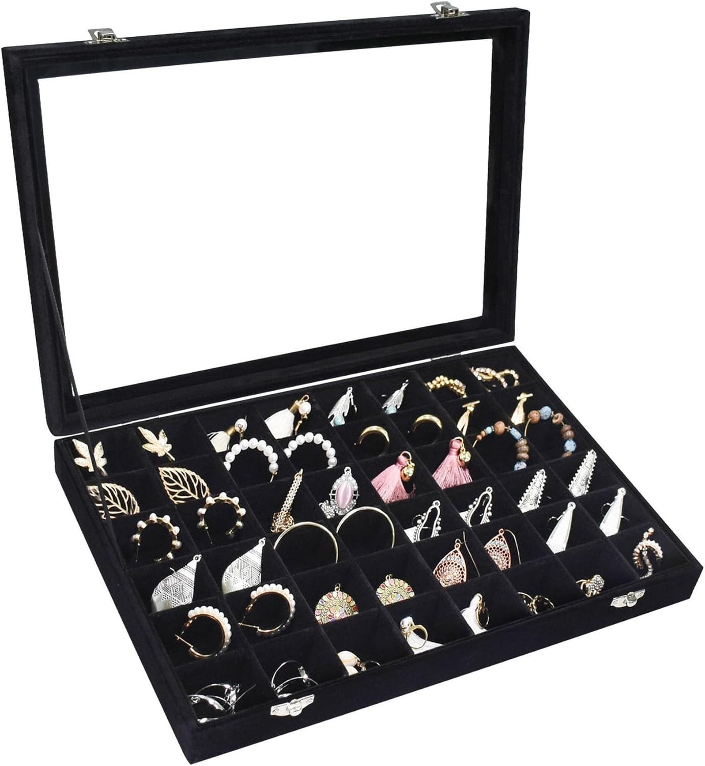 Elegant 48-Grid Velvet Jewelry Organizer with Transparent Lid