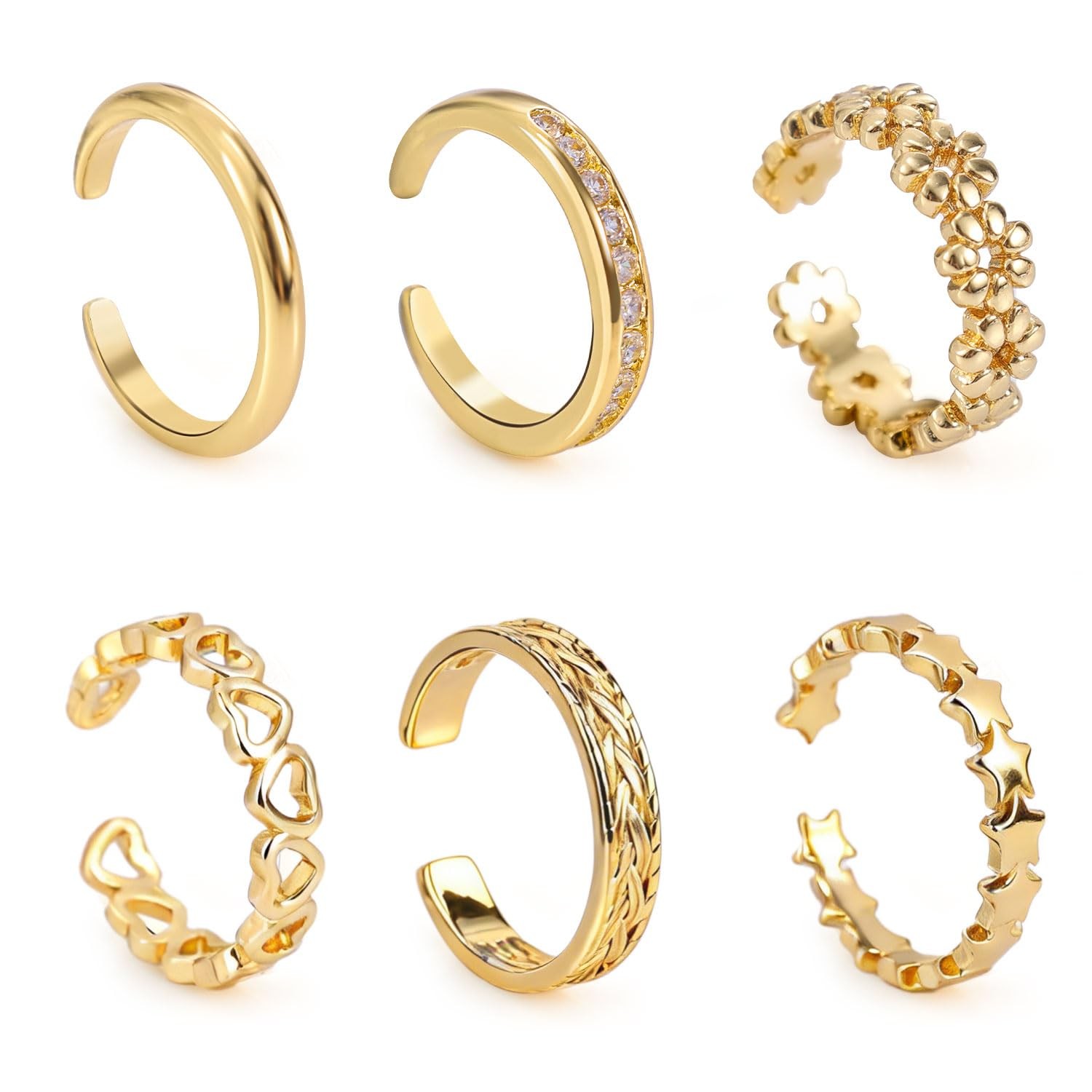 Mikovivi Gold-Colored Adjustable Toe Rings for Women, 6pcs Set, Floral Star