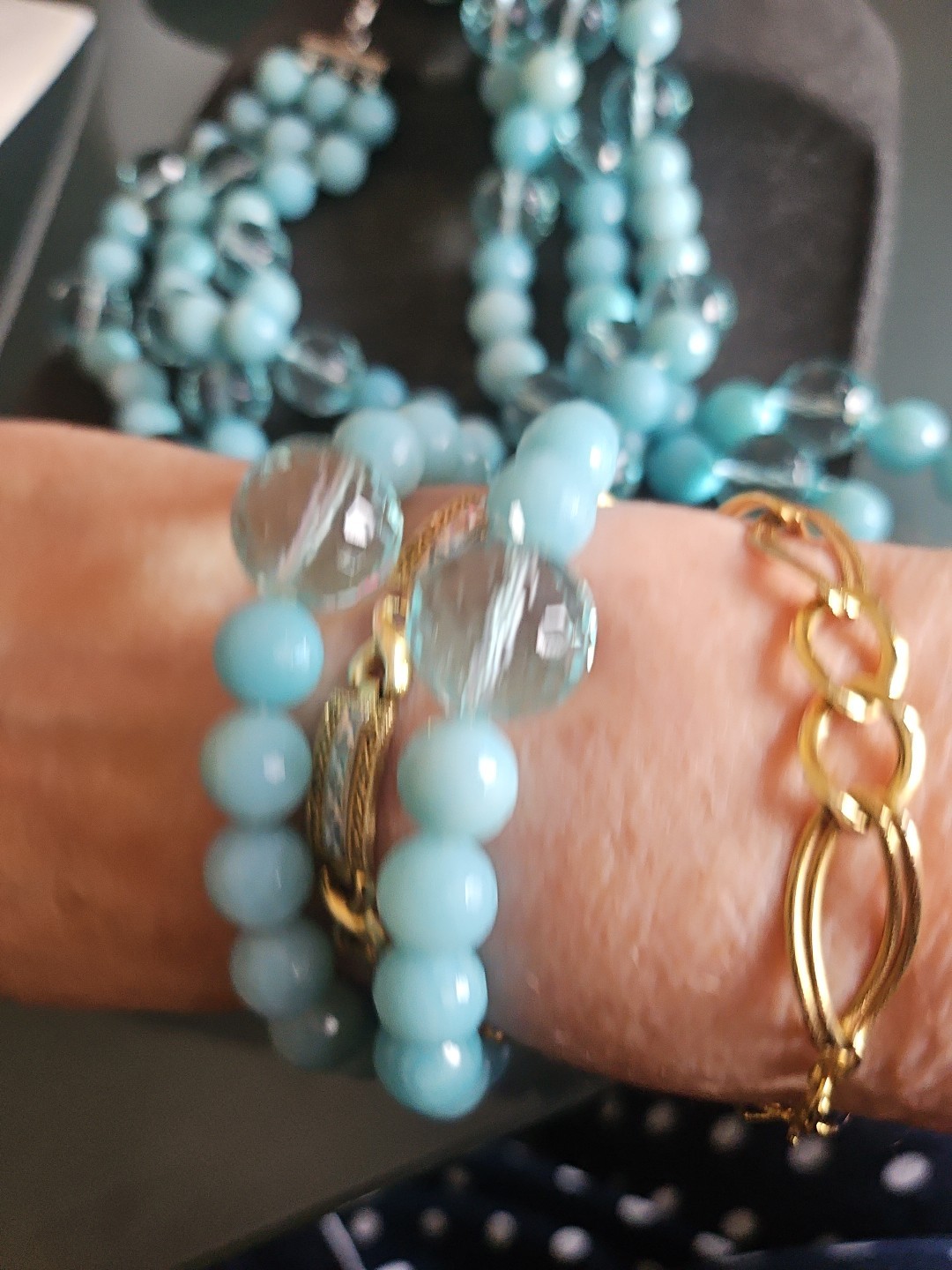 LP Genuine Stones Amazonite Bids & Blue Topaz 3 Strands Silver 925 Necklace 22″