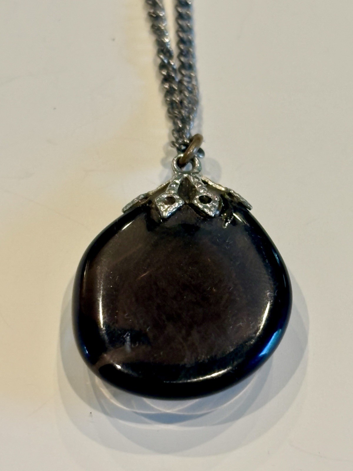 Vintage Brown Cabochon Pendant Necklace Silver Tone Large Statement Stone