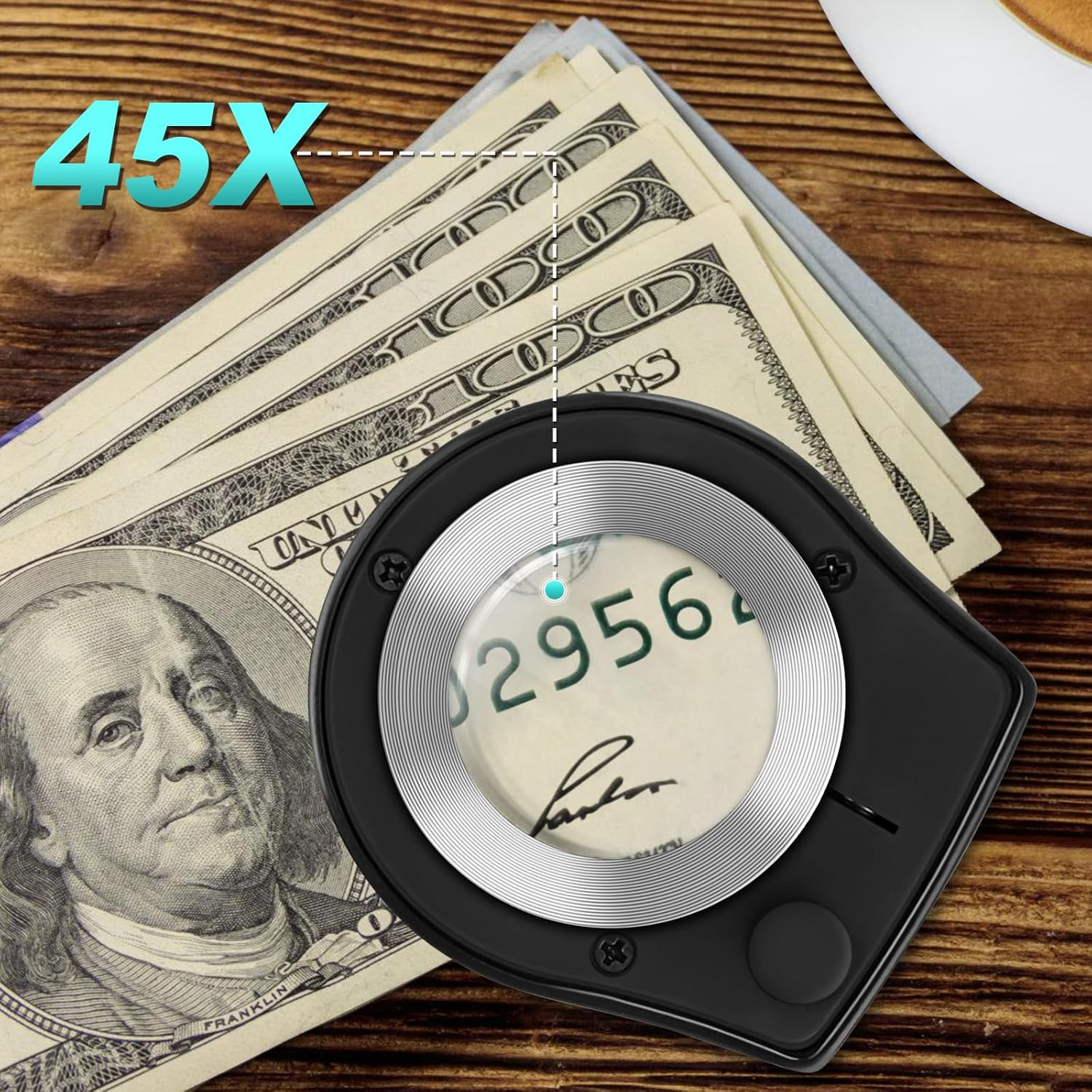 45X Jewelry Magnifier with 6 Light, Rechargeable Desktop Portable Coin Magnifier