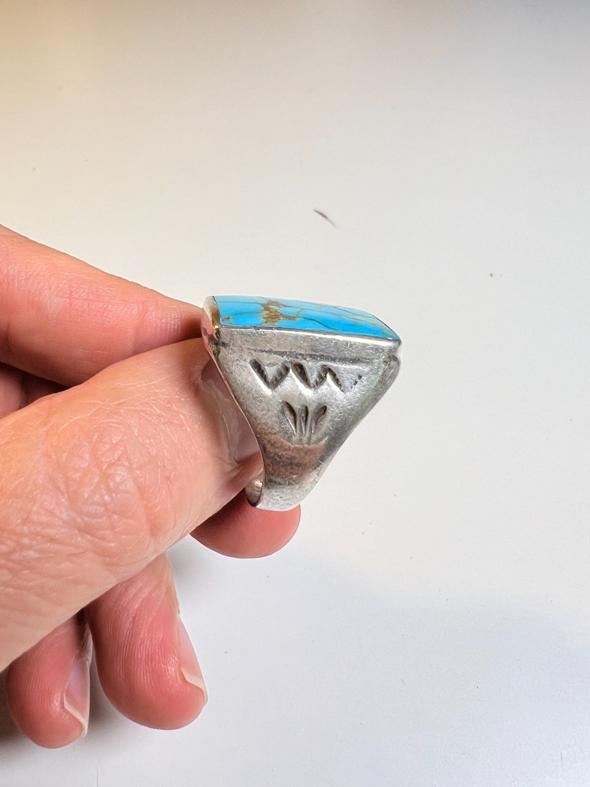 Vintage Navajo Sterling Silver & Large Rectangular Turquoise Cabochon Ring sz 11
