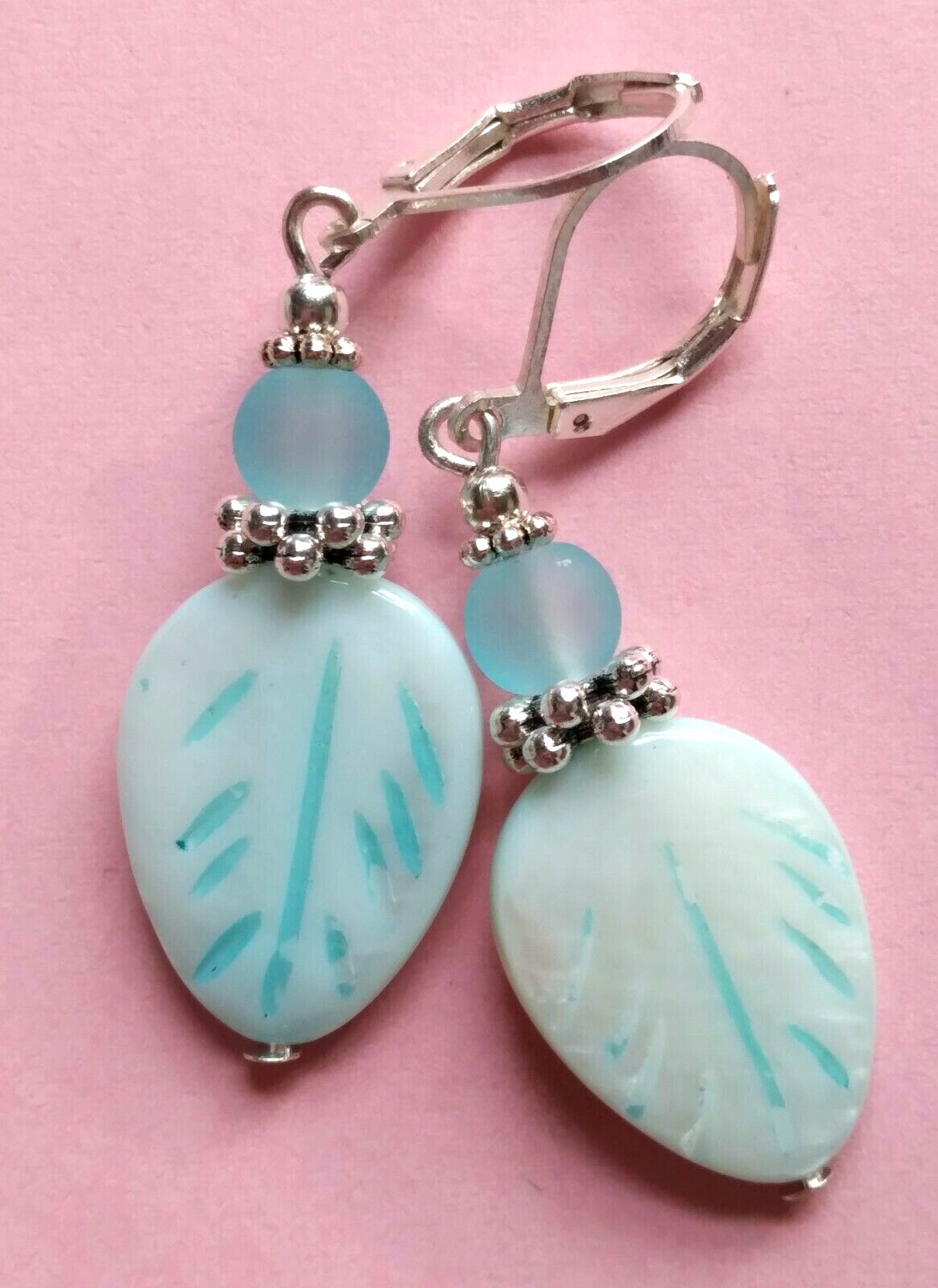 BABY BLUE Carved LEAF frosted crystal earring SP LEVERBACK artisan