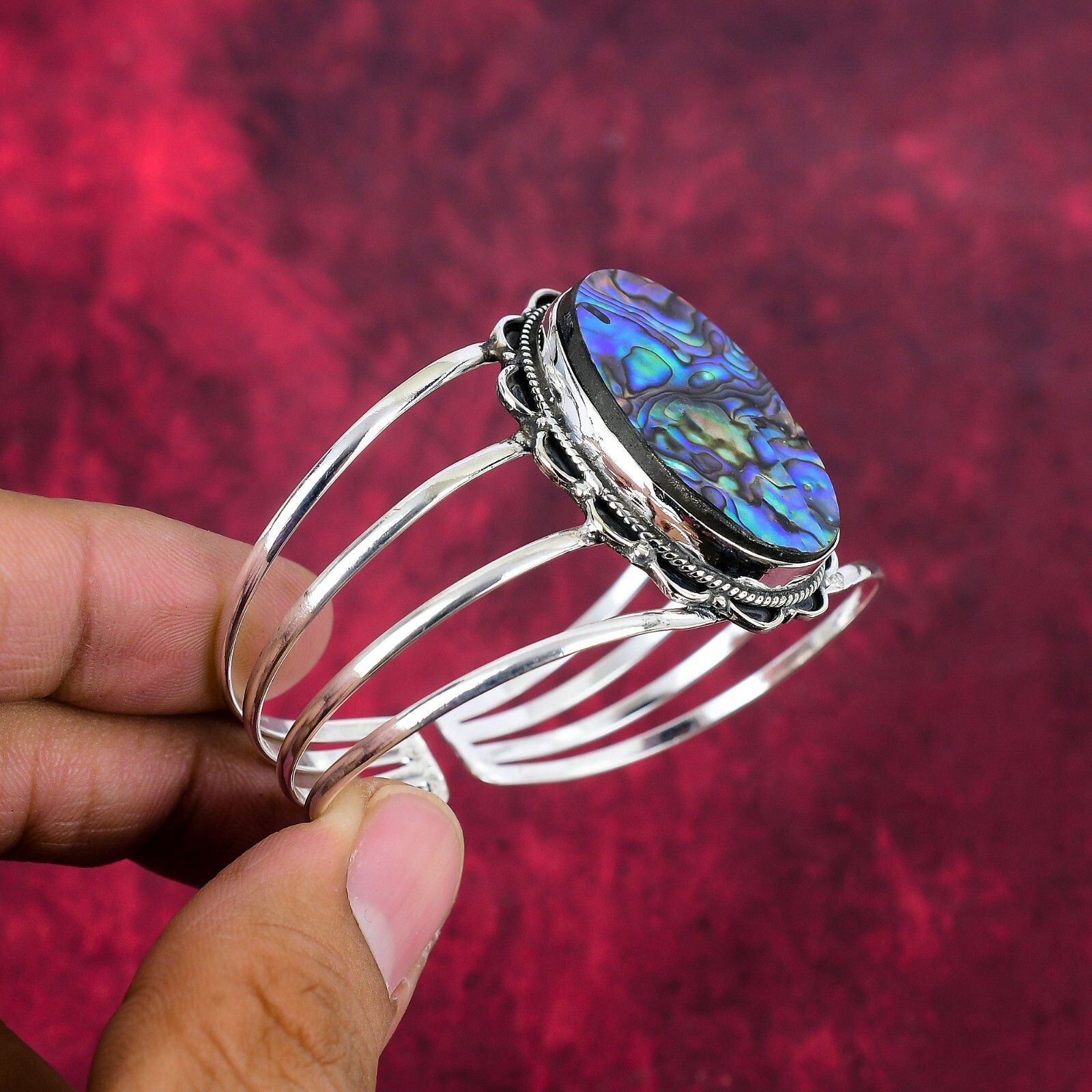 Abalone Shell Gemstone Handmade 925 Solid Silver Adjustable Bangle Jewelry