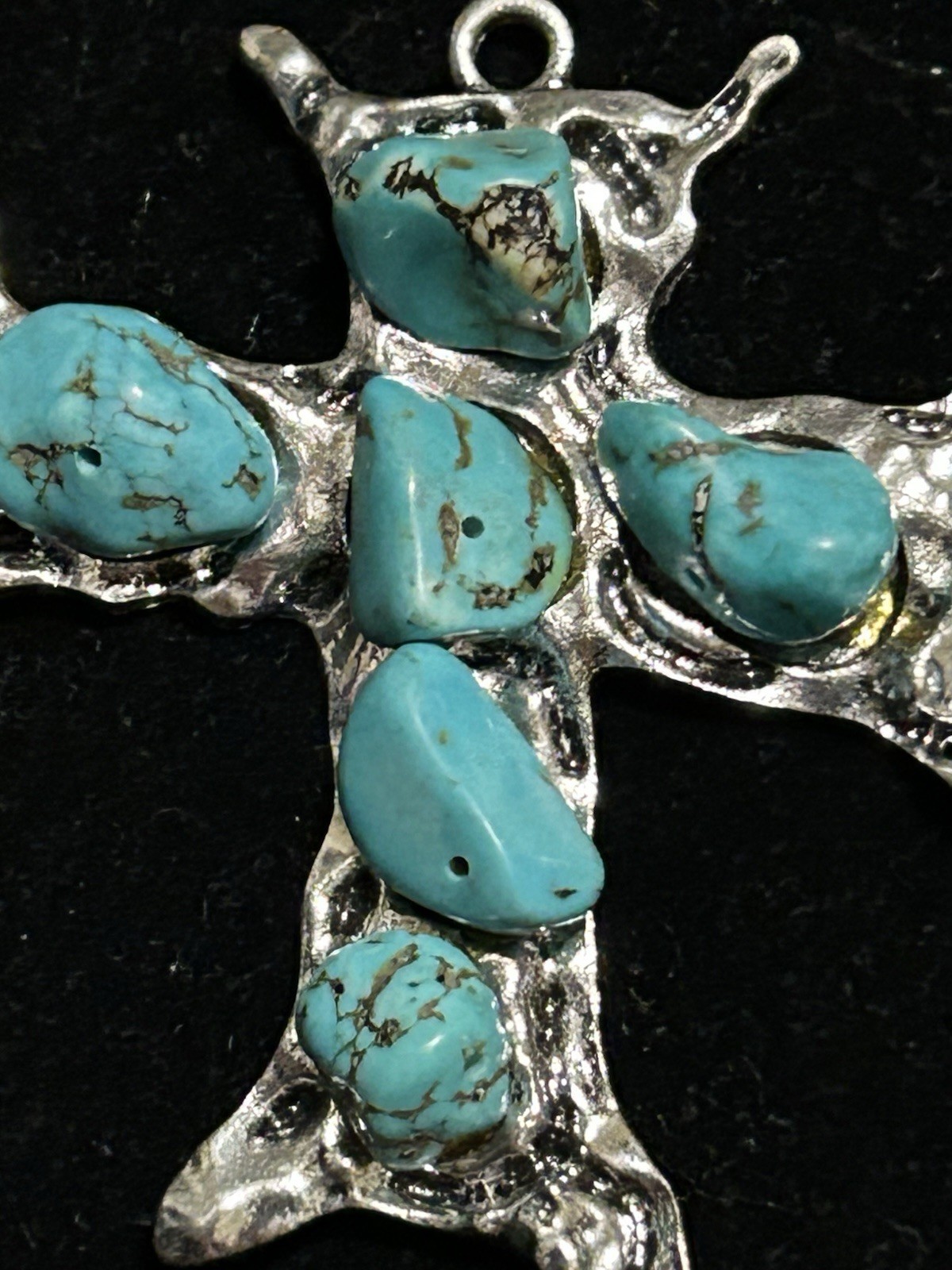 Artisan Handmade Silver Solder Turquoise Stones LCross Pendant 2 1/2”
