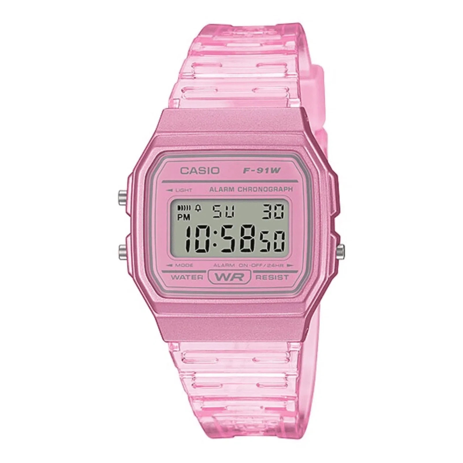 Casio F91WS-4, Digital Chronograph Watch, Pink Jelly Resin Band, Alarm, Date,
