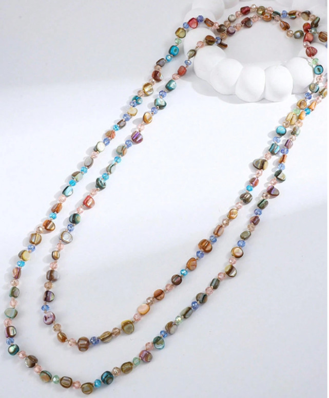 Multicolor Shell & Bead Long Strand Necklace – Pink / Green / Blue