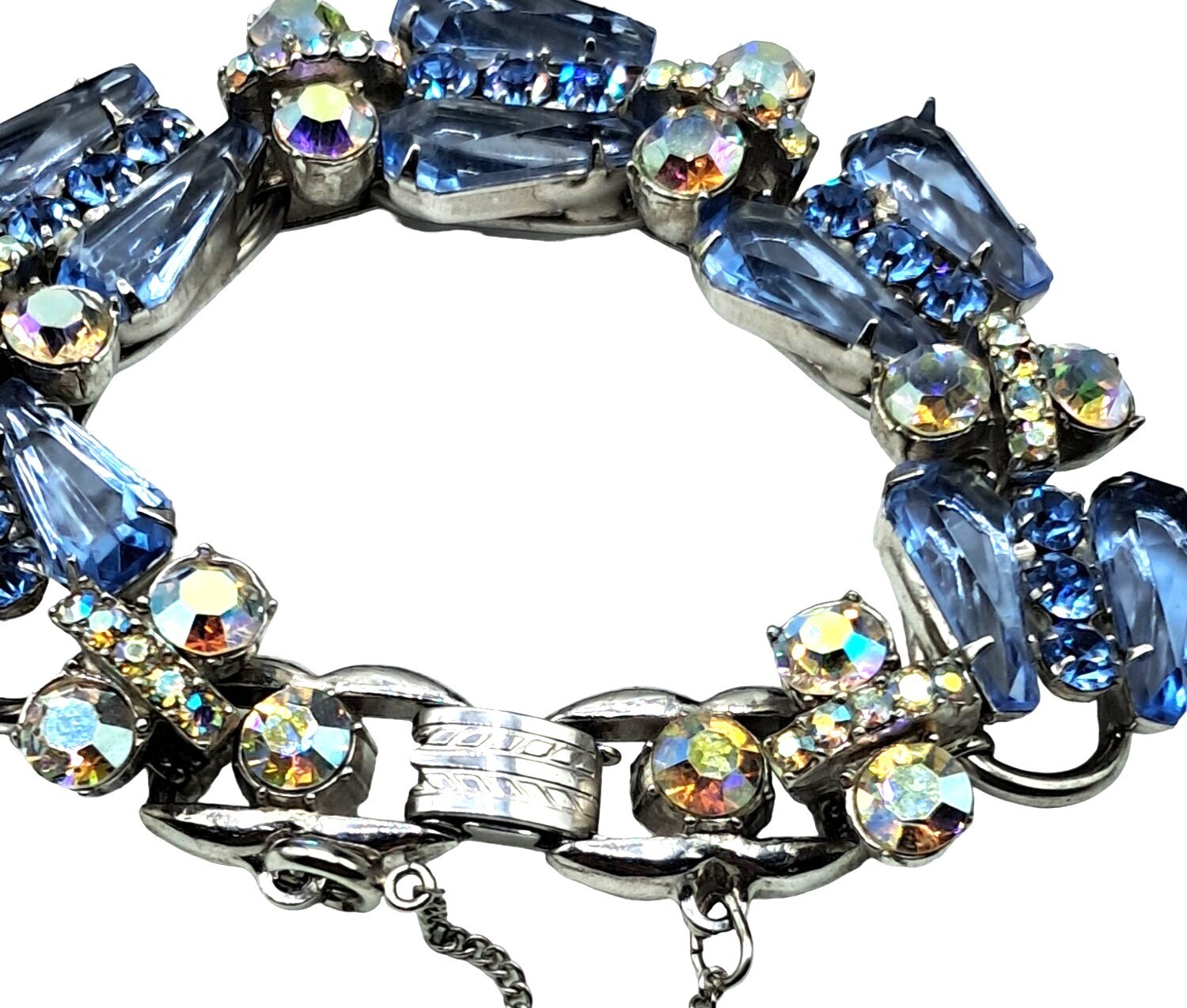 Juliana Pentagon Rhinestone Bracelet Blue Aurora Borealis Vintage Costume Jewelr