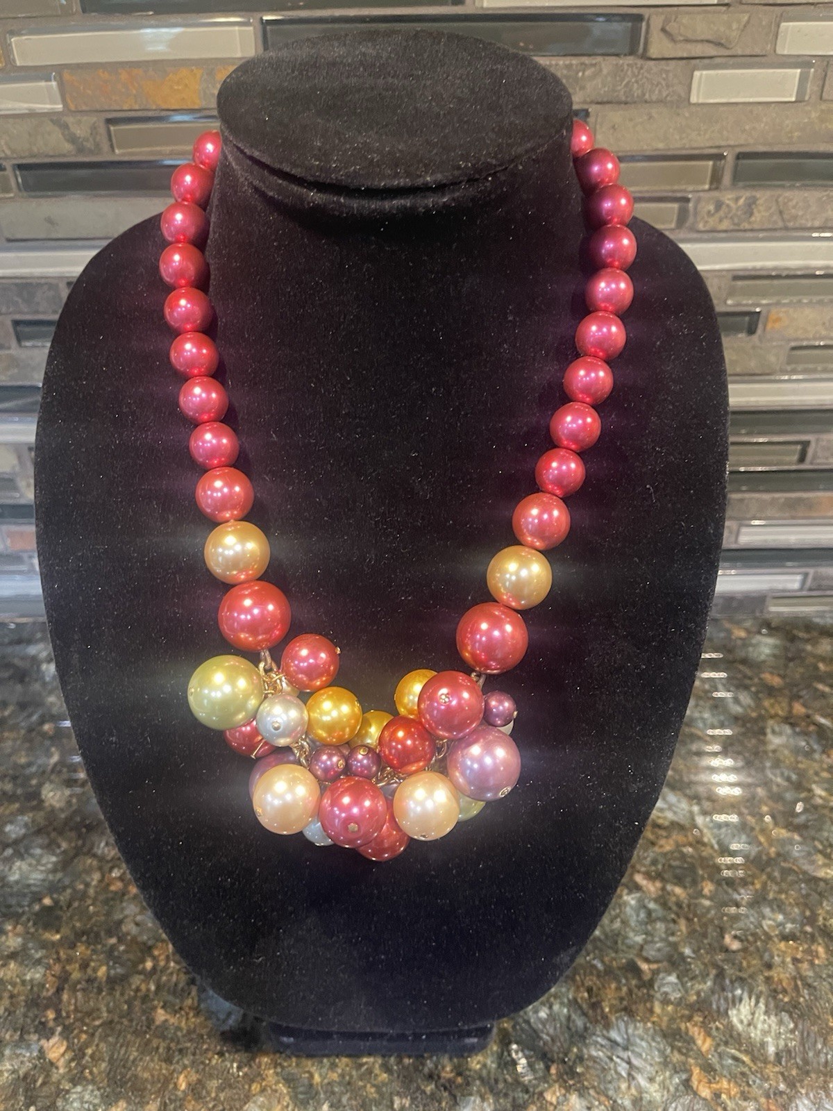 Vintage Faux Pearl Cluster Necklace Burgundy Gold Statement Jewelry