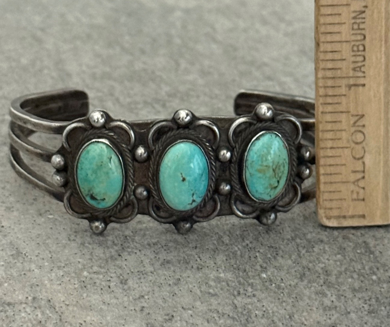 OLD Vintage Native American Navajo THREE Turquoise Silver Bracelet 6.3 in
