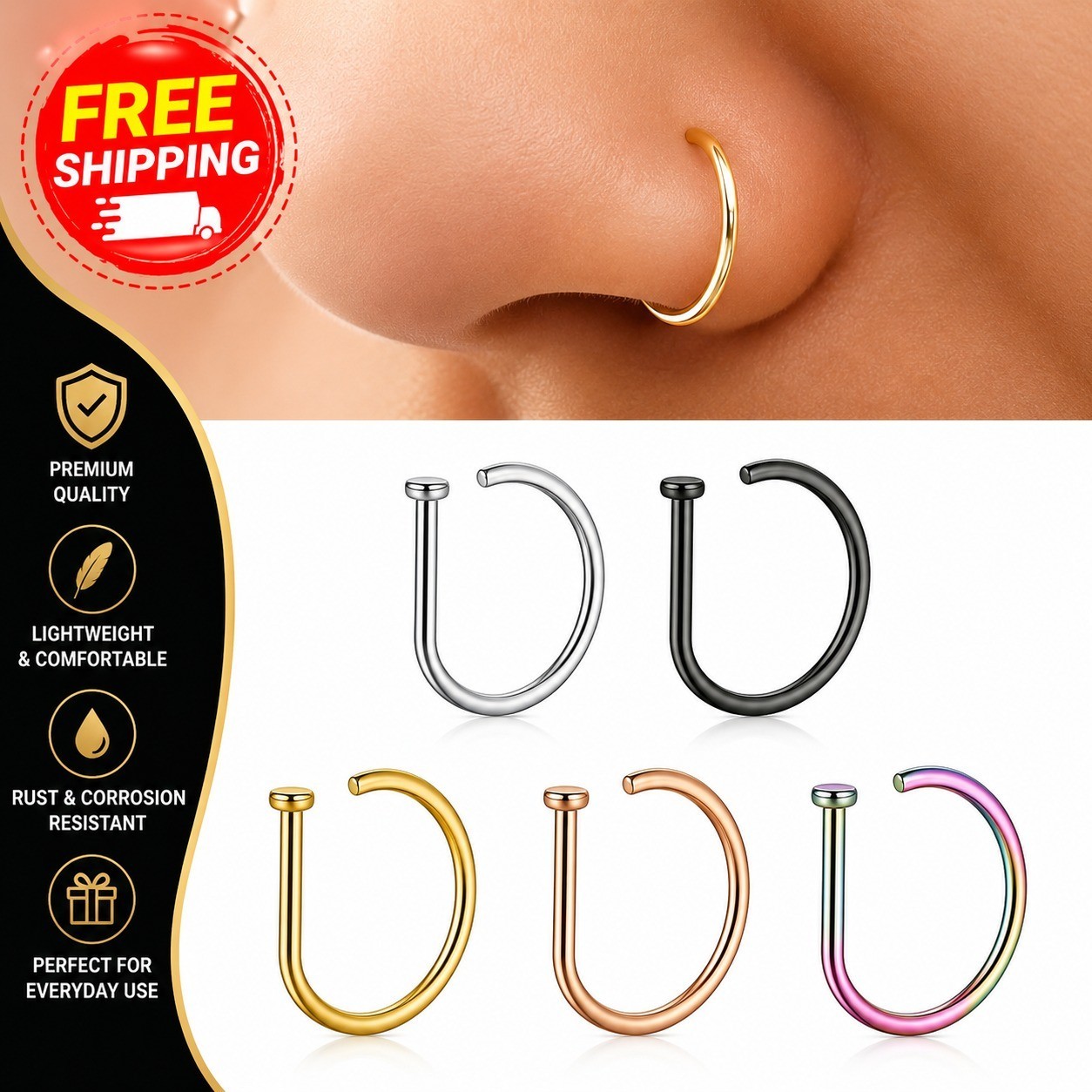 5Pcs Stainless Steel Fake Piercing Nose Ring D-Shape Punk Non Piercing Nose Clip