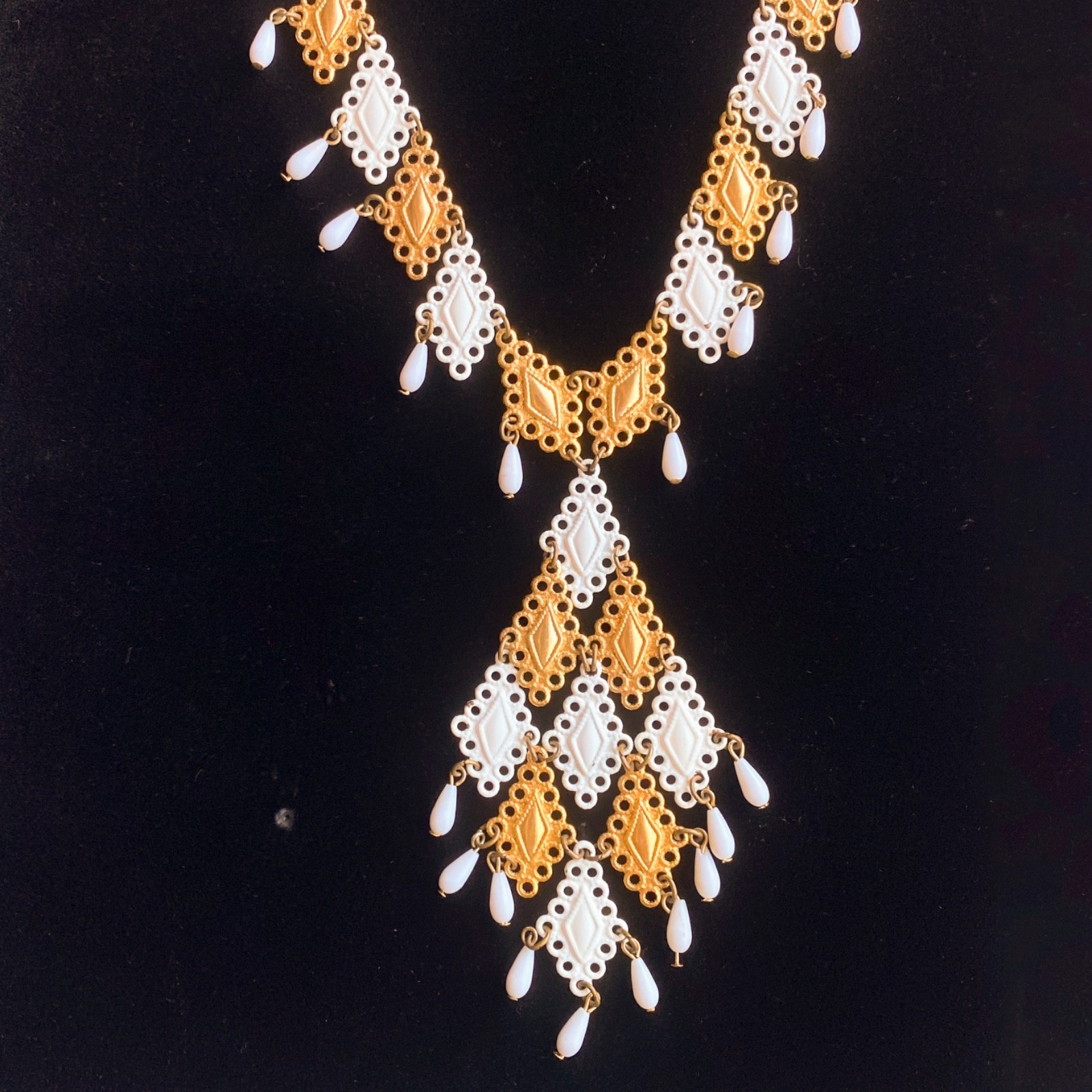 Vintage 60s 70s gold white pendant necklace filigree statement mid century mcm