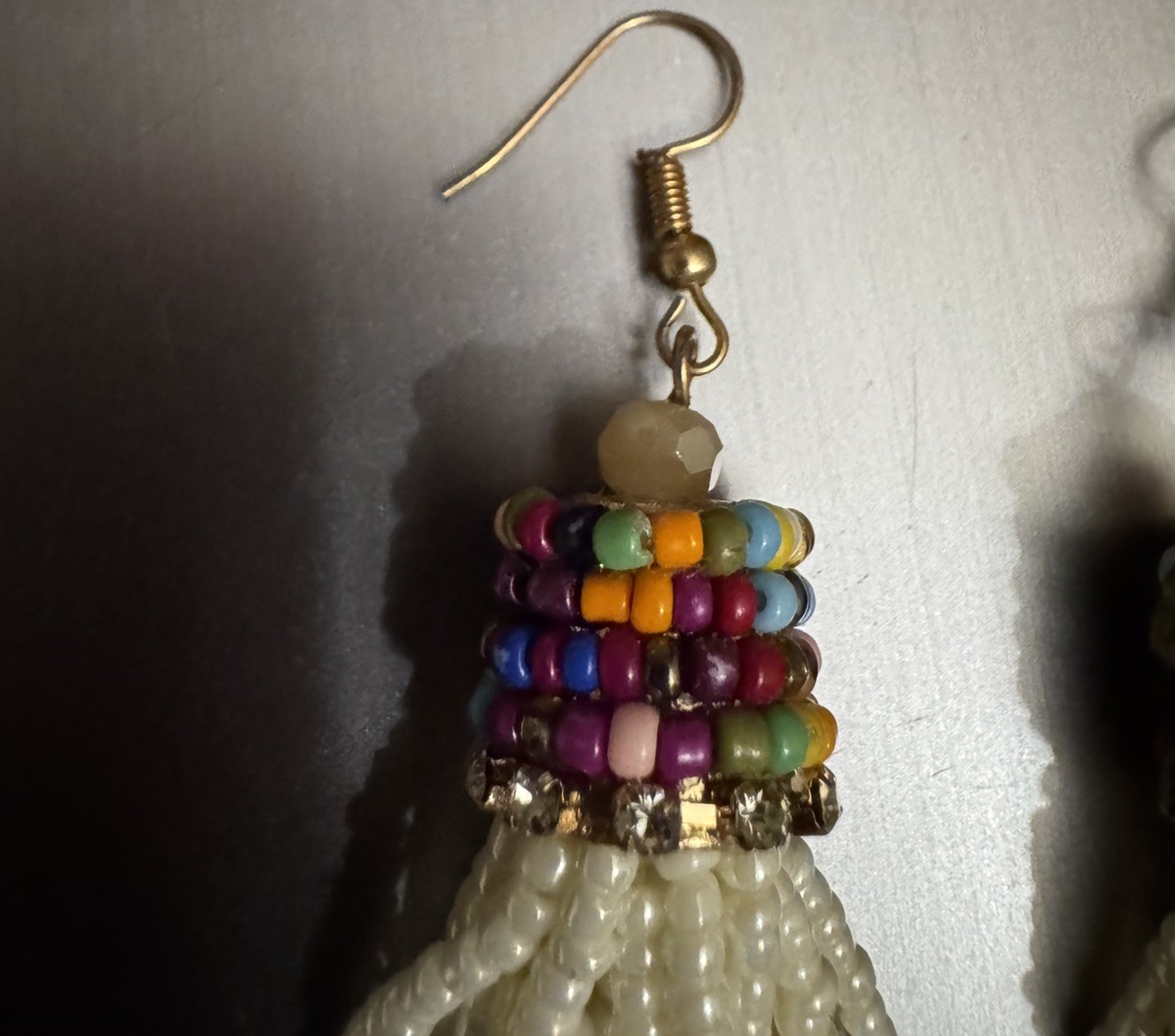 Multicolor & White Two Tone Color Block Seed Bead Tassel Dangle Earrings