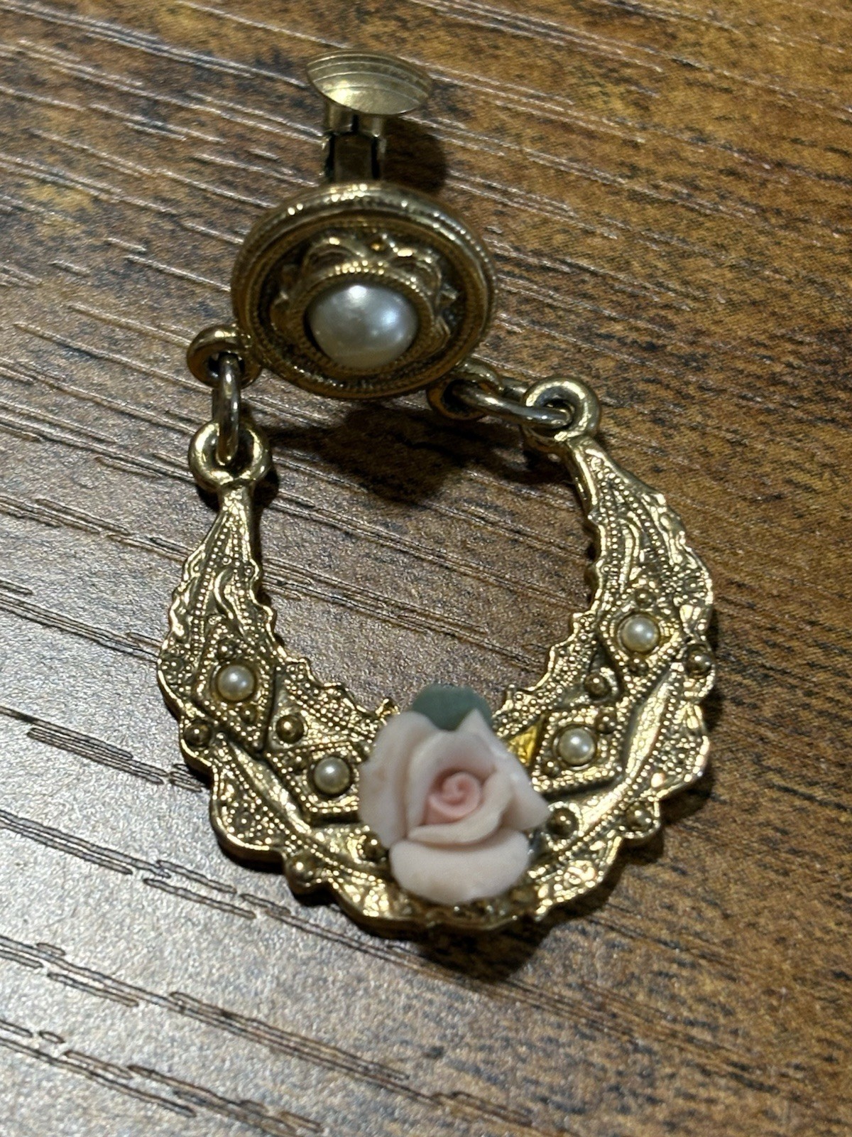 Vintage 1928 style Gold Tone Filigree Crescent Drop porcelain rose Earrings