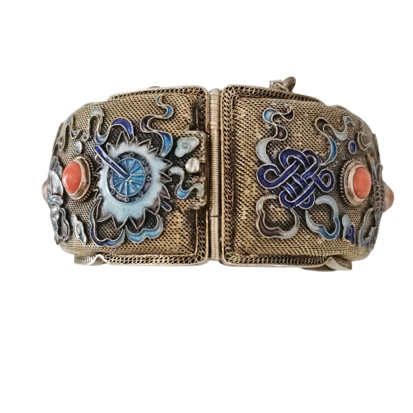 Vintage Chinese Export Bracelet Enamel Gilded Silver Mesh Filigree Coral