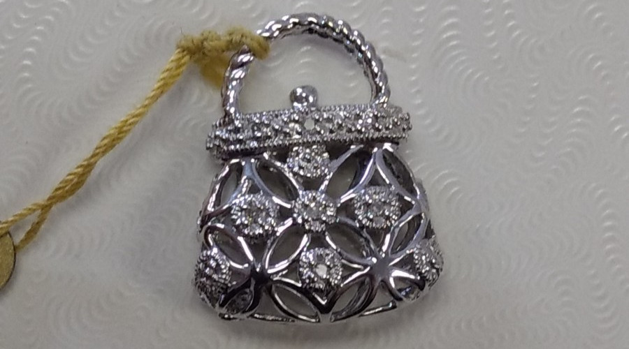 Ladies 10K White Gold Purse Pendant W/ Diamond Accent, 18 inches 3.3 grams total