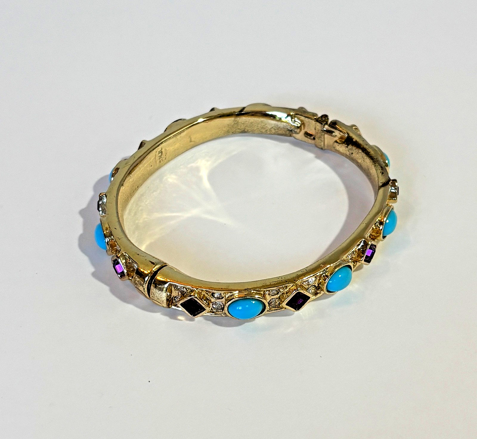 Kenneth Jay Lane Amethyst Faux Turquoise Cabochon Hinged Bracelet Gold Plate KJL