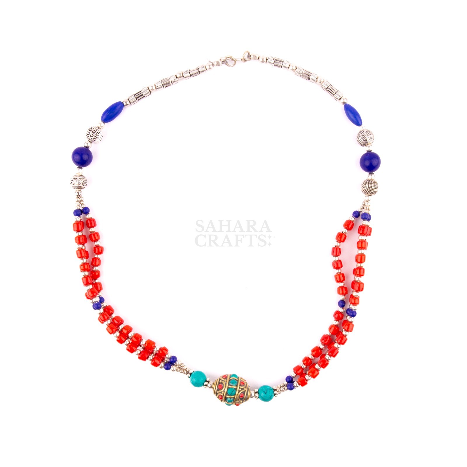 Tibetan Necklace, Red Coral Turquoise Lapis Lazuli Beads, Traditional Jewelry,