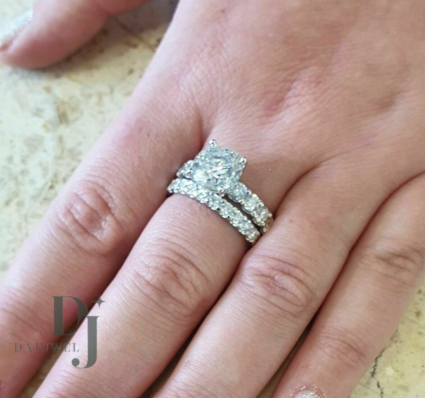 Moissanite Bridal Set Engagement Ring 2.70 Carat Round Cut Solid 14K White Gold