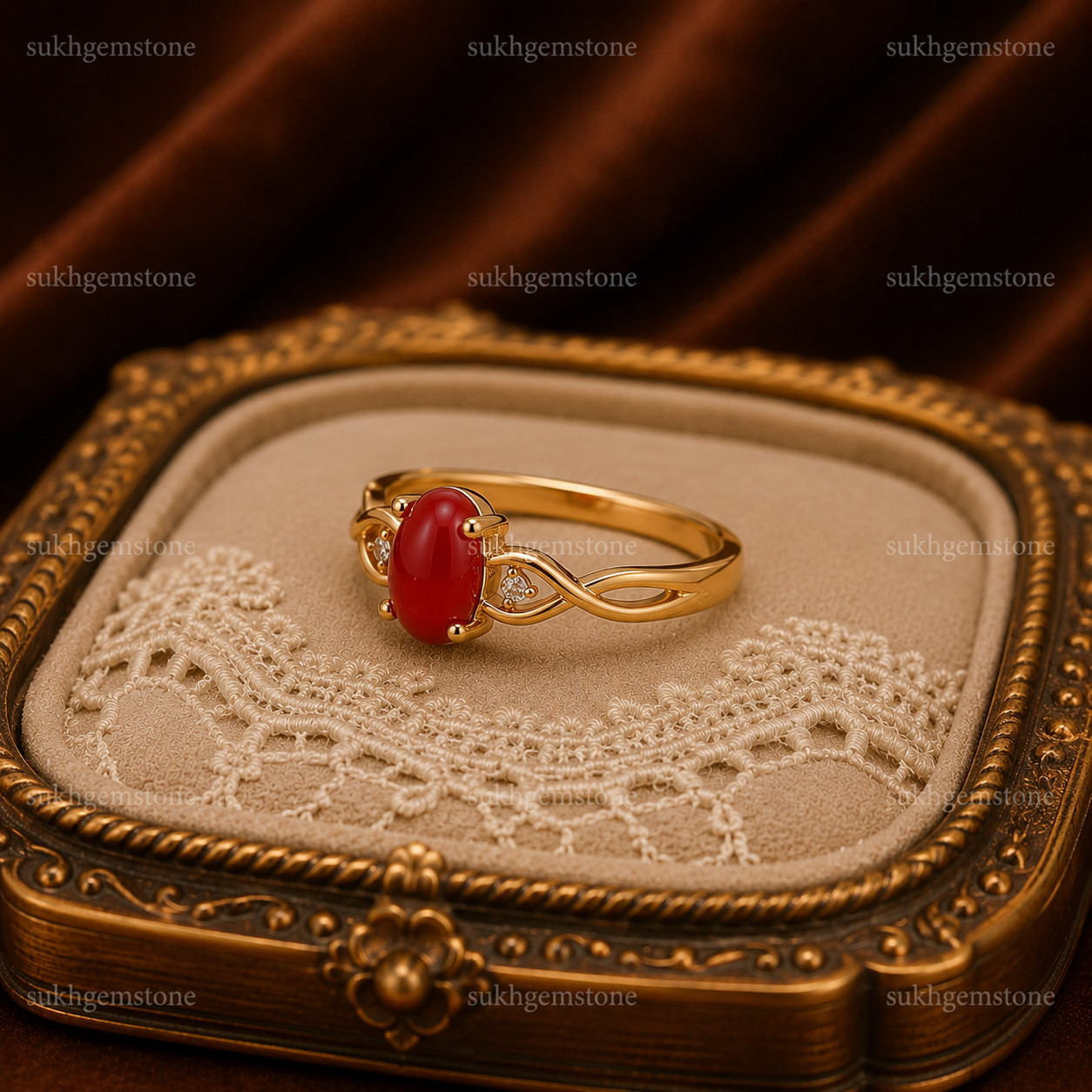 Lab Created Red Coral Ring, Base Metal: Brass Finish: Gold Plated