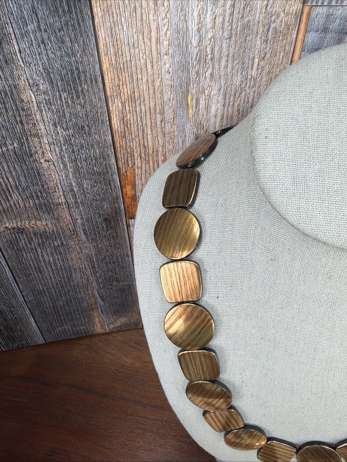 Vintage disc copper plastic wood grain bracelet, necklace & Earrings