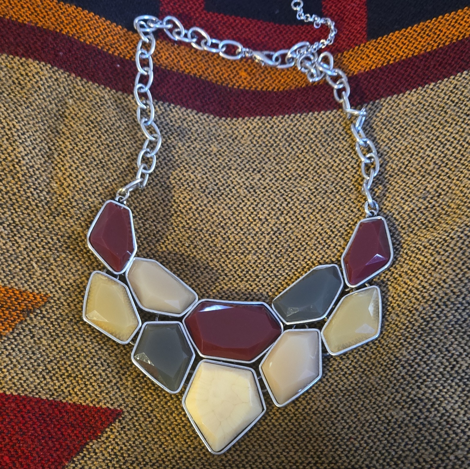 Silver Tone Geometric Statement Charm Pendant Necklace Red Cream Gray