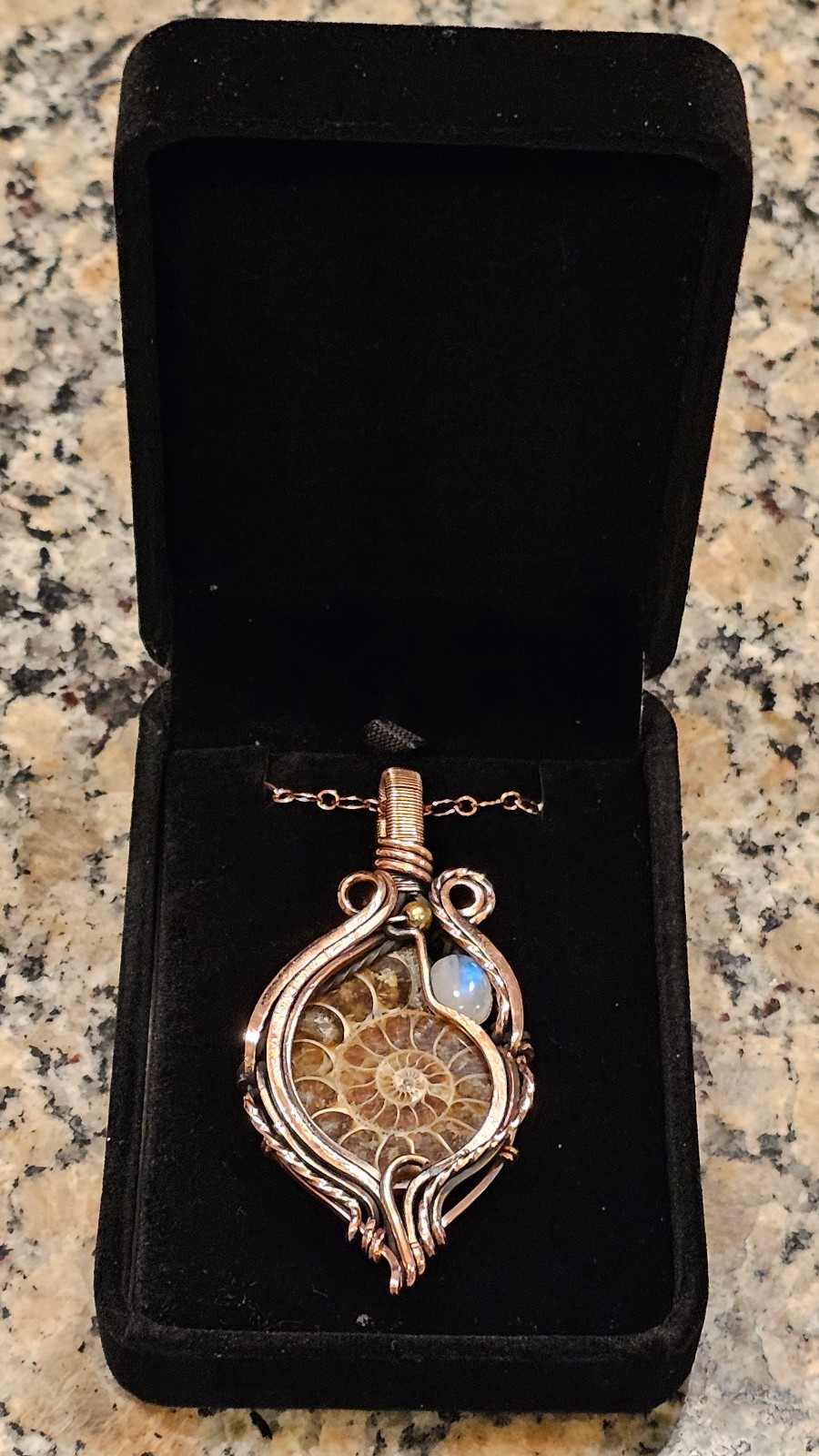 Ammonite Natural Fossil Moonstone Gemstone Pendant Handmade Copper Wire 3008