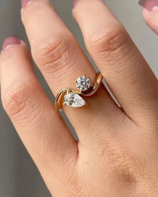 Pear and Round Cut Moissanite Toi Et Moi Engagement Ring 14K Yellow Gold Plated