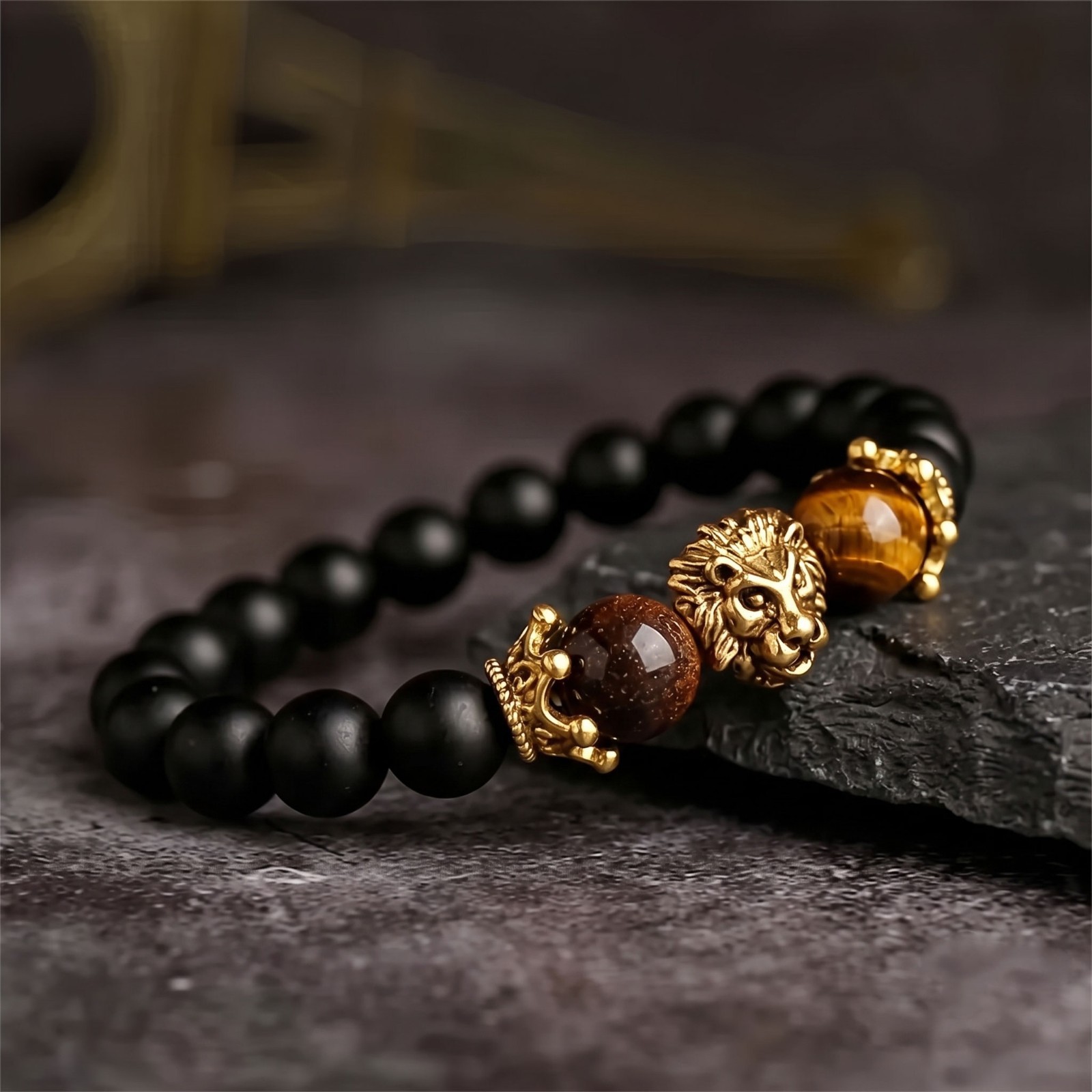 Tiger Eye Black Onyx Beaded Lion Charm Stretch Healing Strength Bracelet for Men