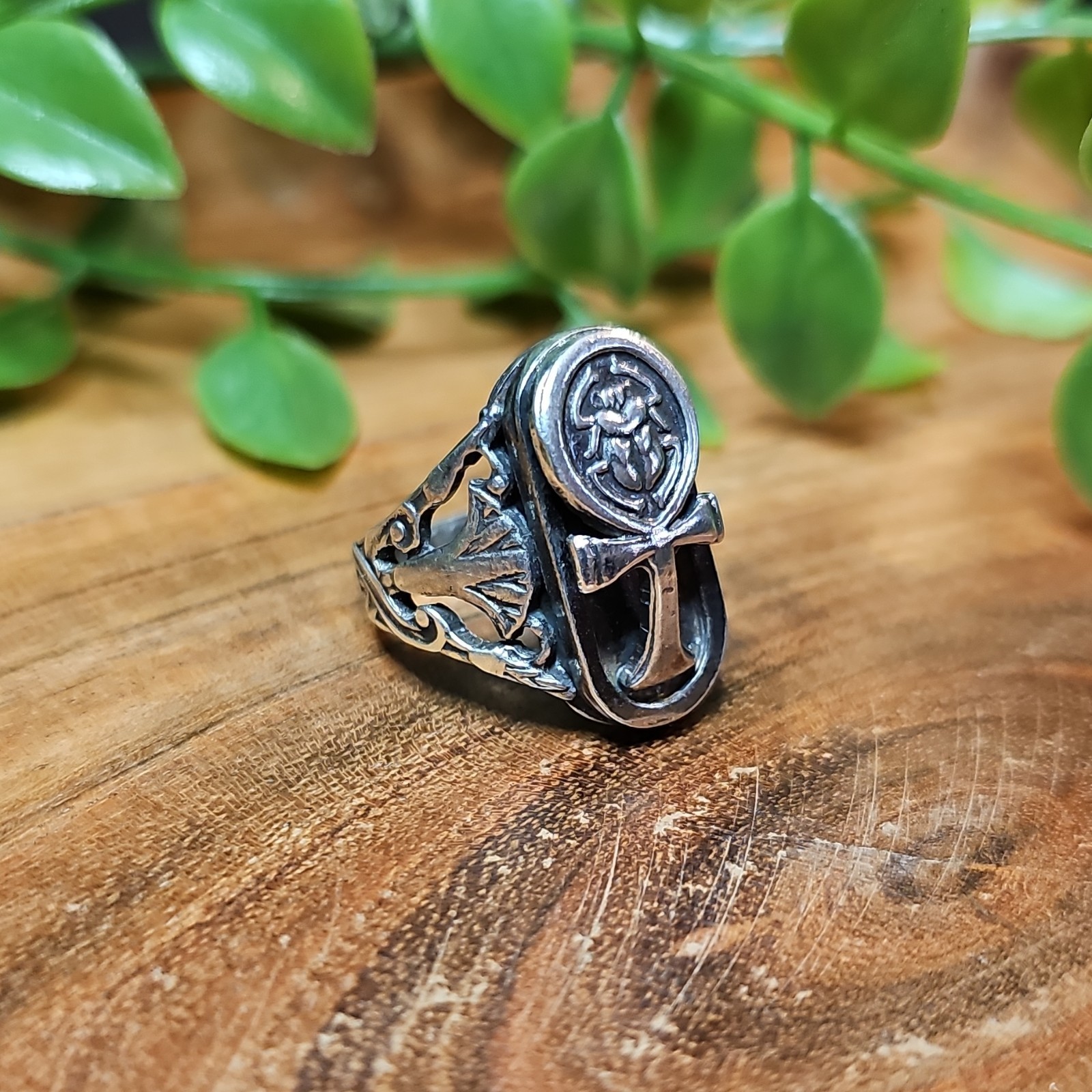 Sterling Silver Scarab Ankh Ring Egyptian Mythology Filigree Statement Sz 6.5