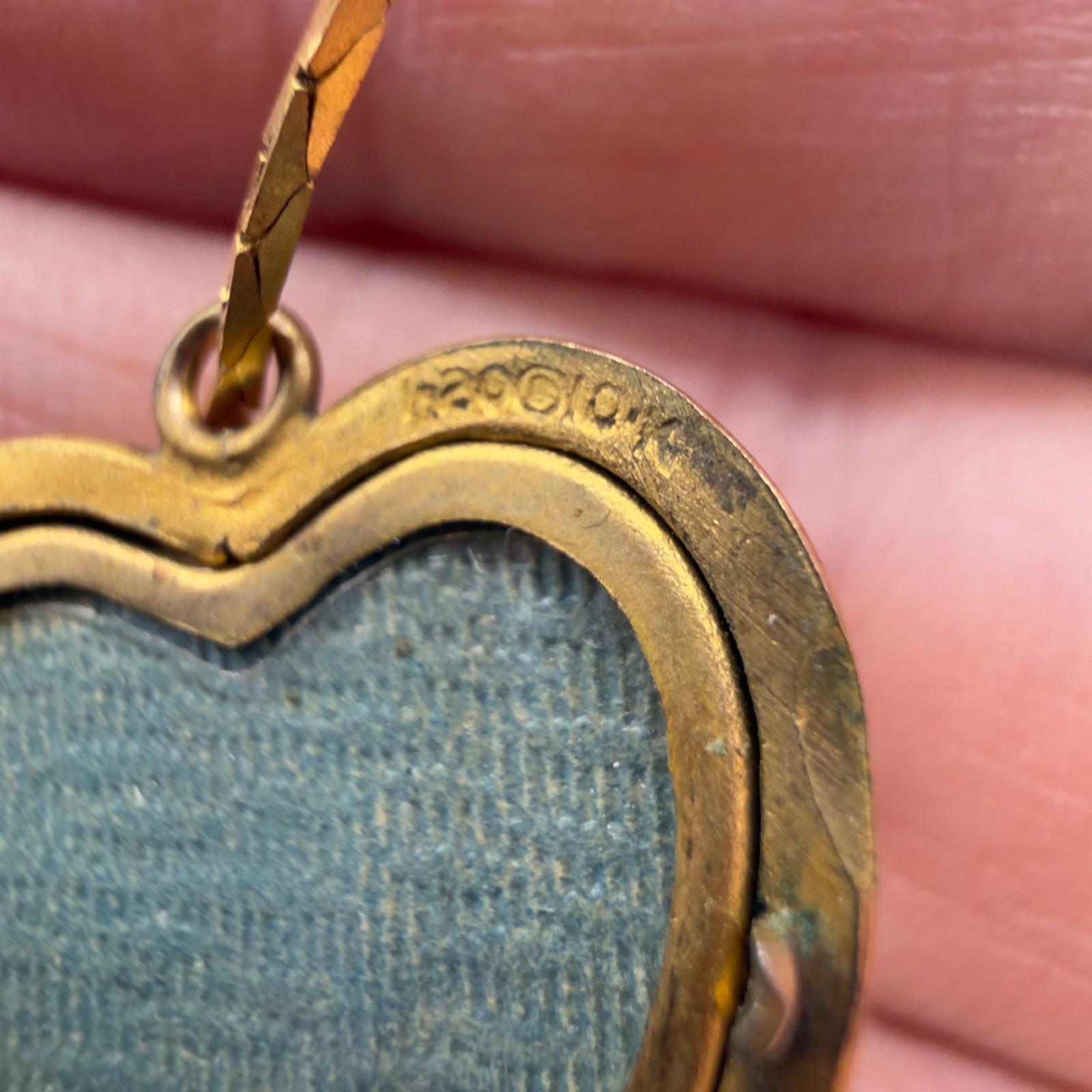 Vintage Necklace Heart Locket Cameo 10 KT Gold Filled Blue Guilloche Inside