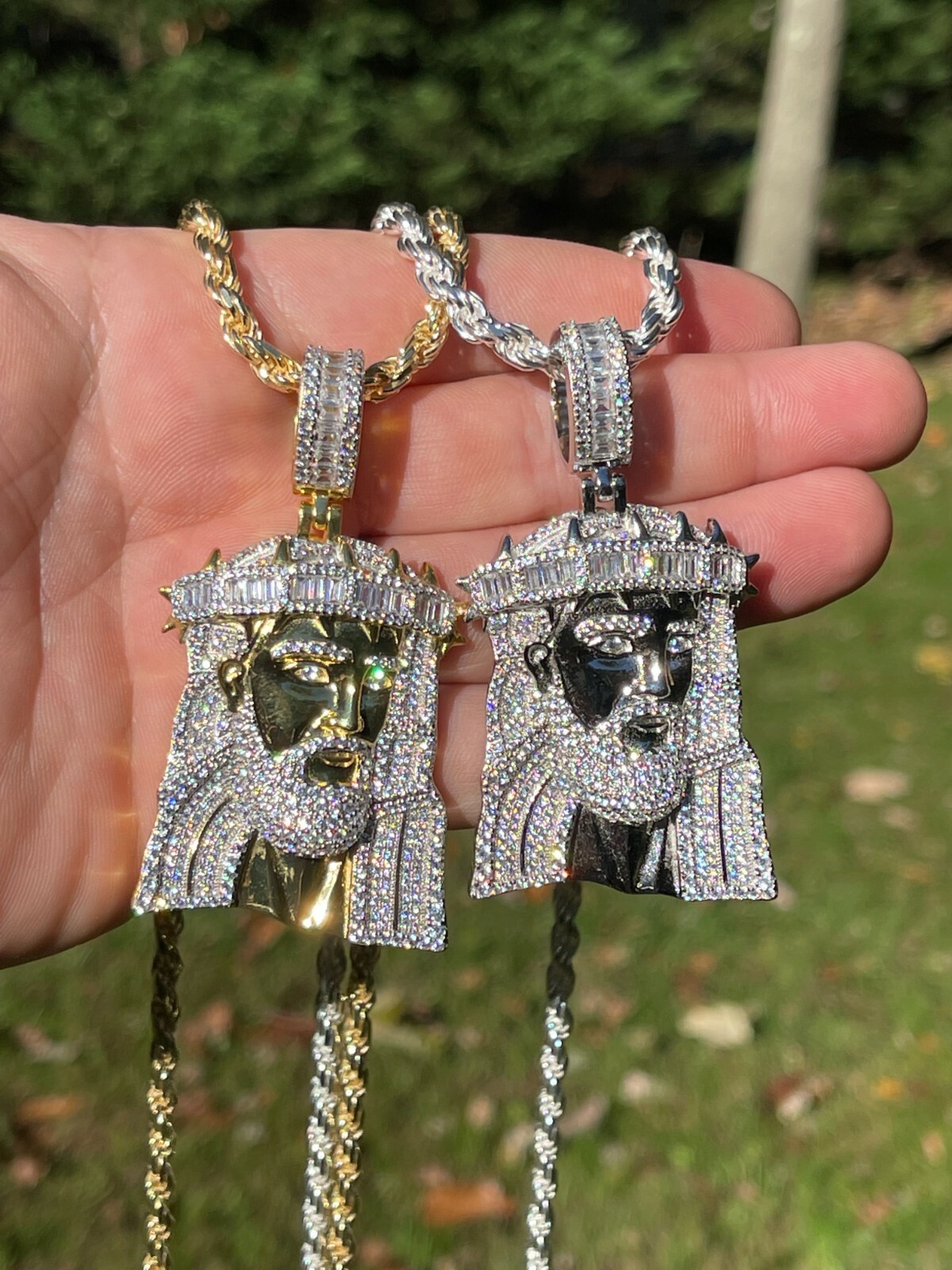 Men’s Large 925 Silver Gold Plated Jesus Piece Iced Hip Hop Necklace Baguette CZ
