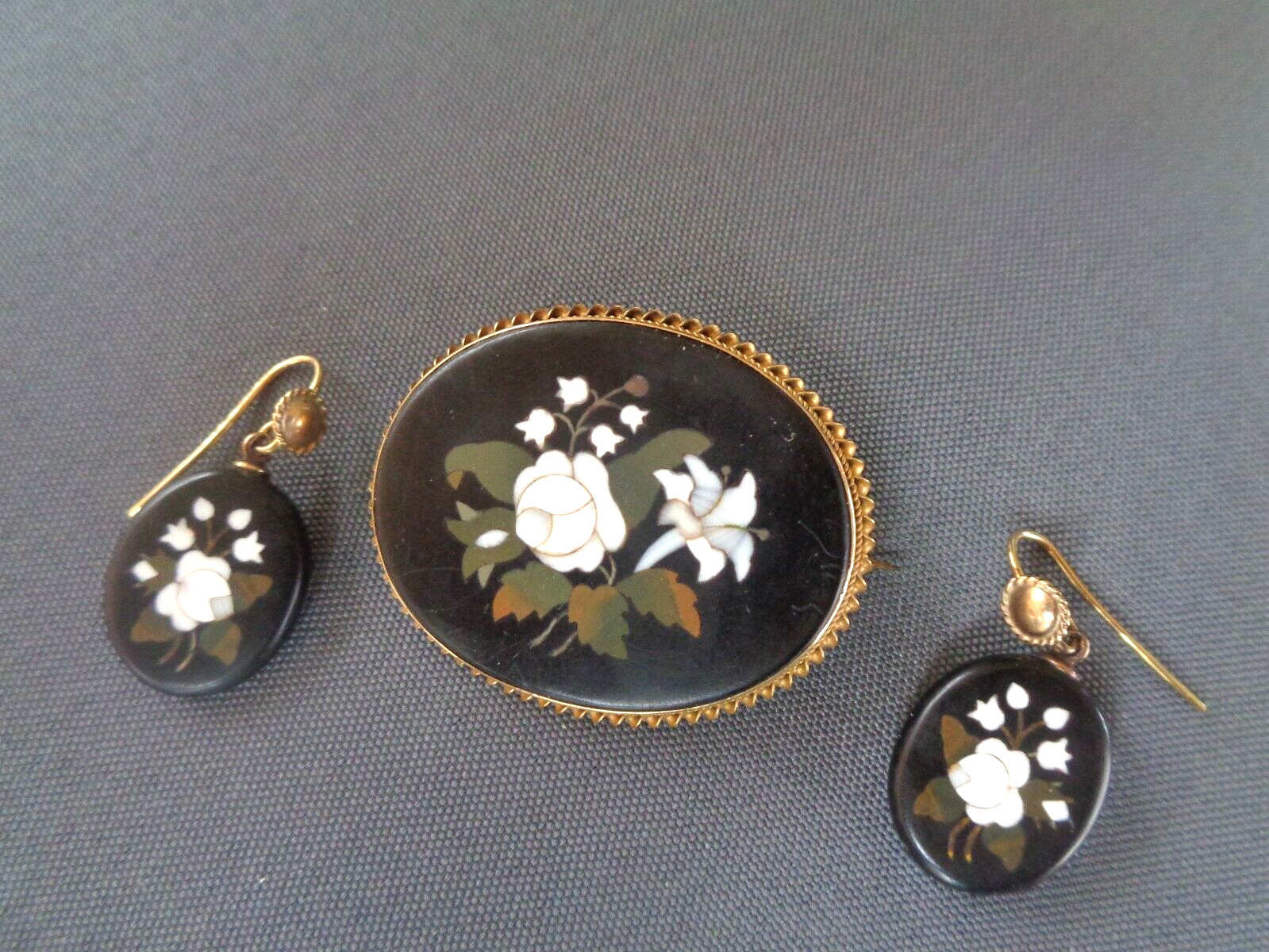Pietra Dura Mosaic Booch Earrings Set Victorian Antique 15ct Gold Floral c1880s