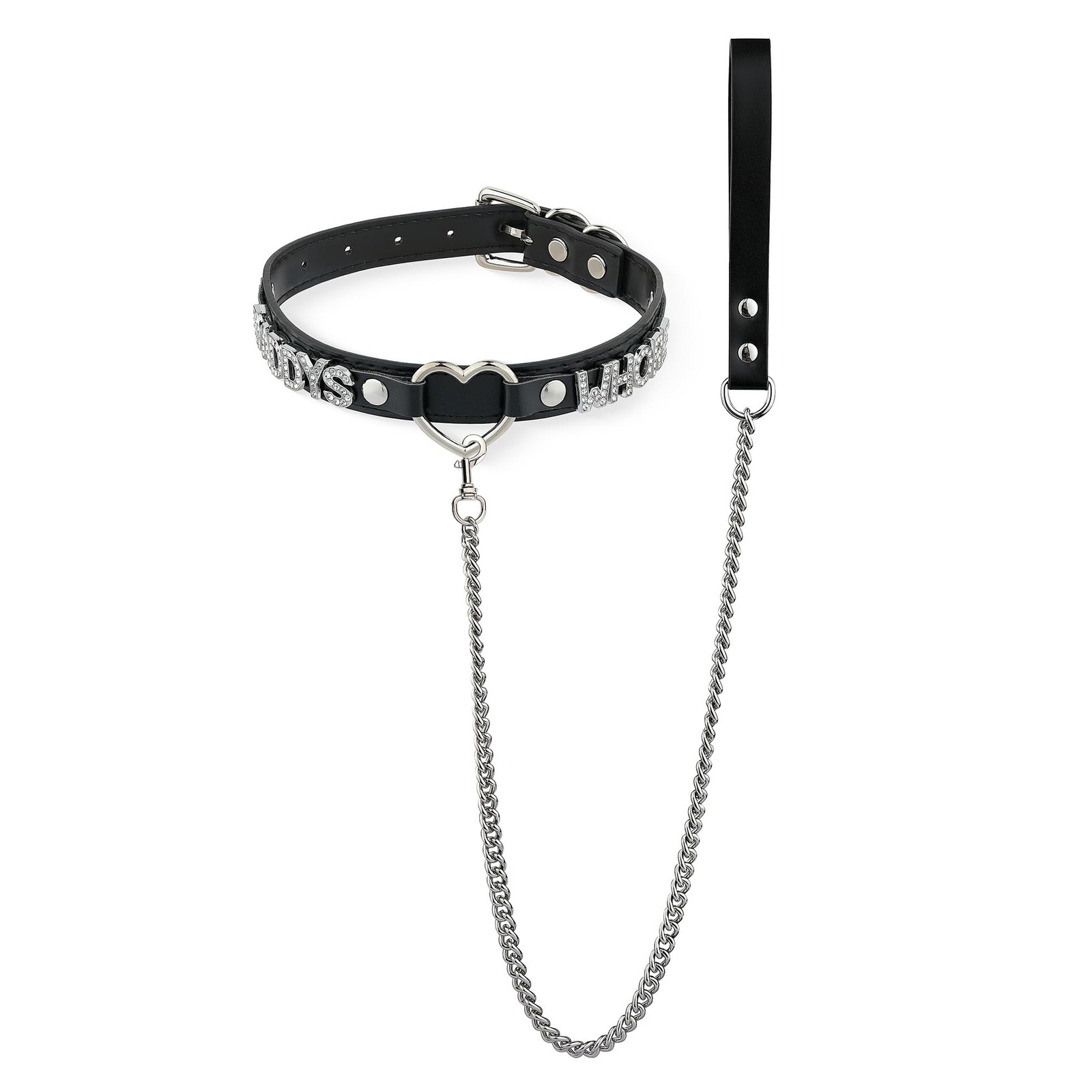Black Heart O Ring Leather Choker Collar and 38 Aluminum Chain Leash Made of