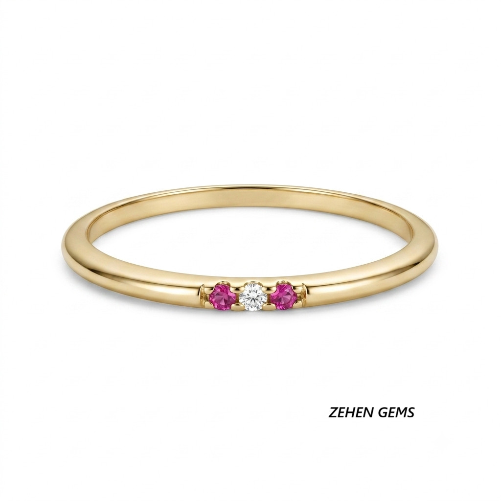 Lab created 925 Sterling Silver Gold Plated Ruby & White Zircon Three Stone Ring