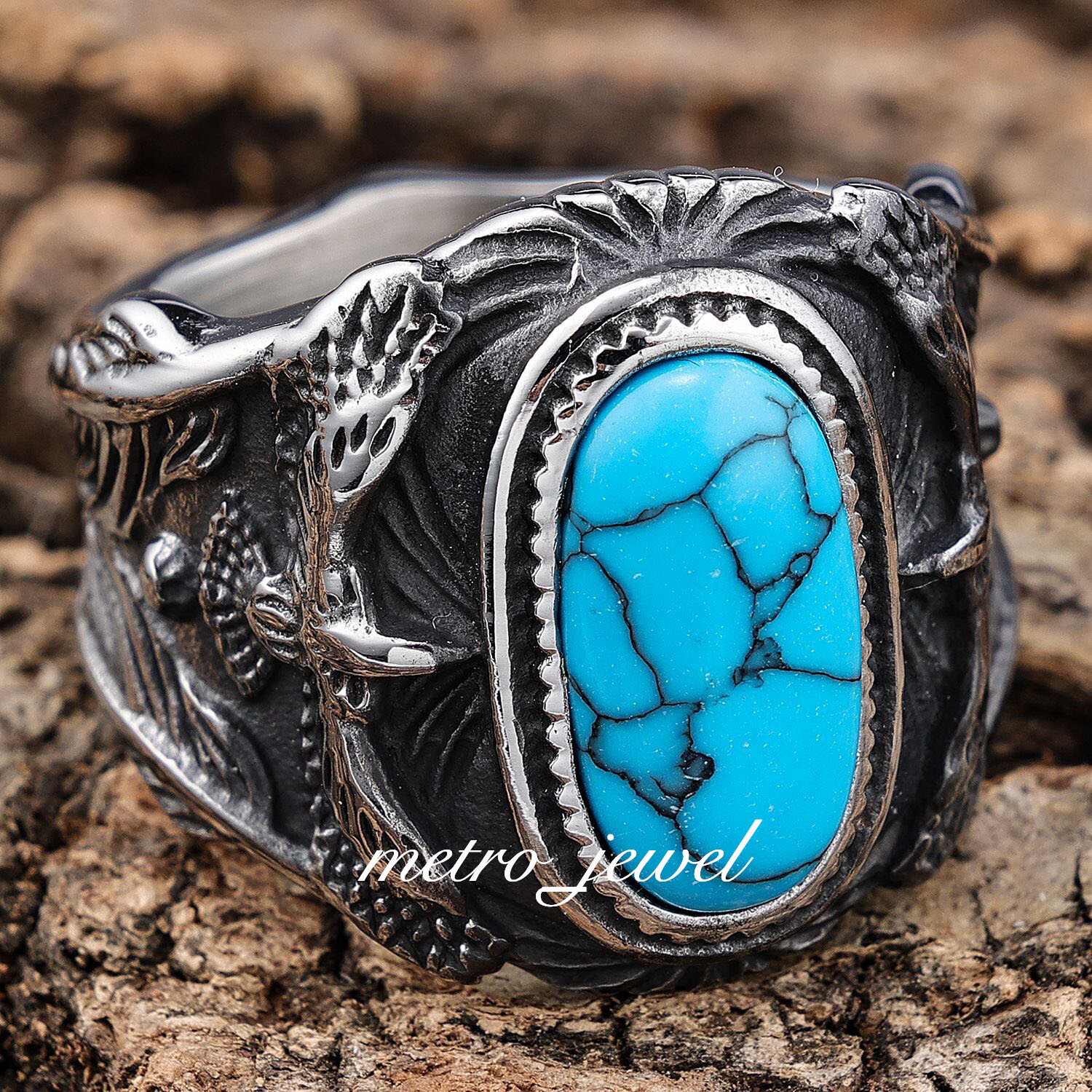 JXC Men’s Large Native Indian Turquoise Stone Eagle Biker Ring For Men Size 7-15