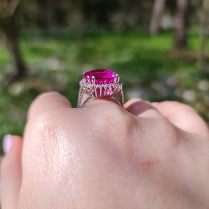 12.70 Ct Cushion Cut Natural Pink Sapphire Diamond Wedding Ring 14K White Gold