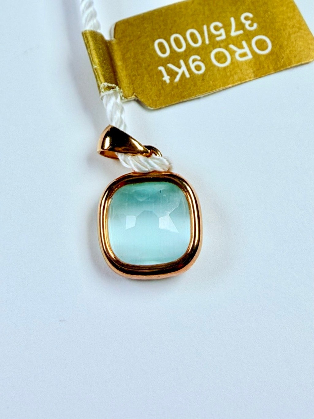 9K Solid Yellow Gold Blue Quartz Cushion Faceted Charm Necklace Pendant NEW NWT