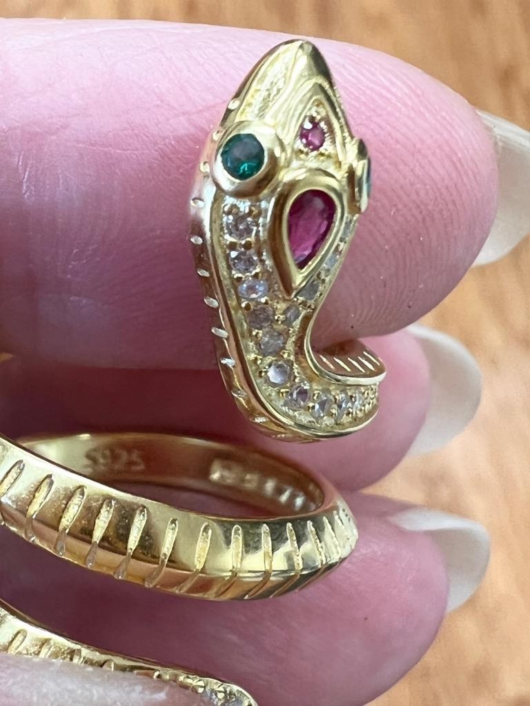 REAL Ruby Emerald Diamond Snake Ring 14K Y Gold on 925 wrap coiled Egyptian Rev